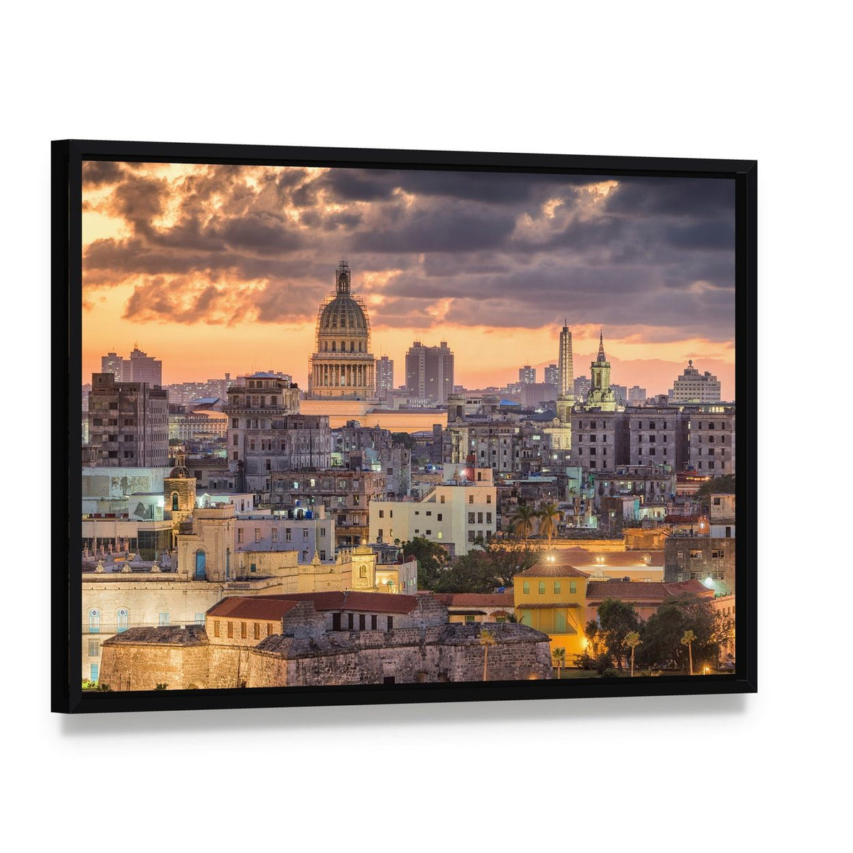 Havana Skyline at Sunset Canvas Wall Art, framed canvas in a black floater frame, angled product view