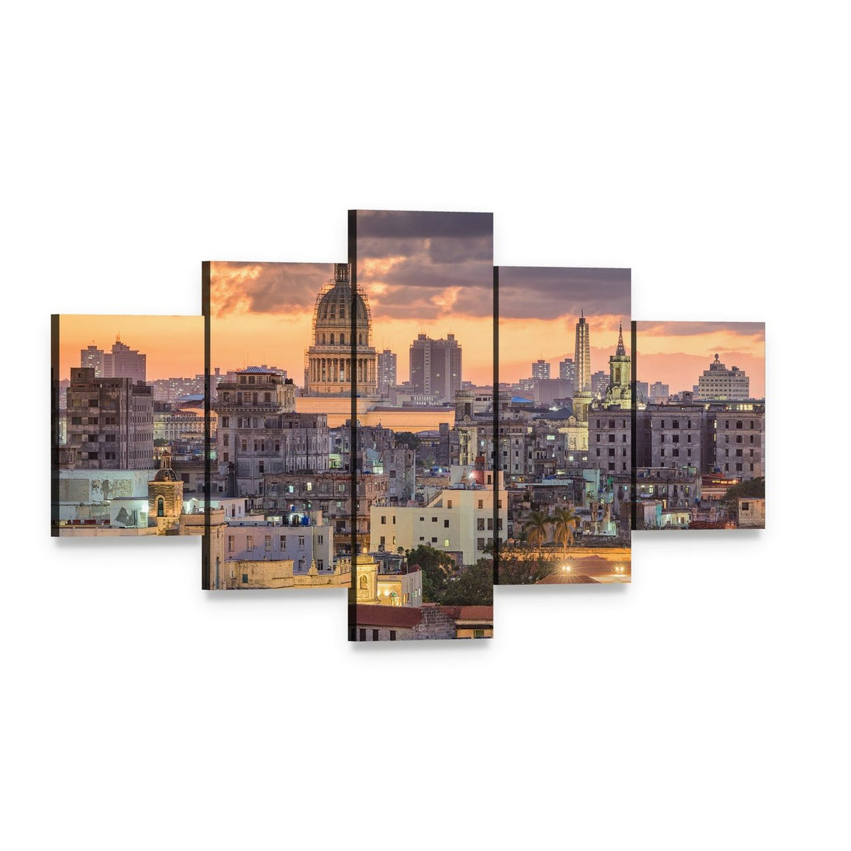 Havana Skyline at Sunset Canvas Wall Art, 5 panel 5 Star layout gallery wrapped canvas set, angled product view