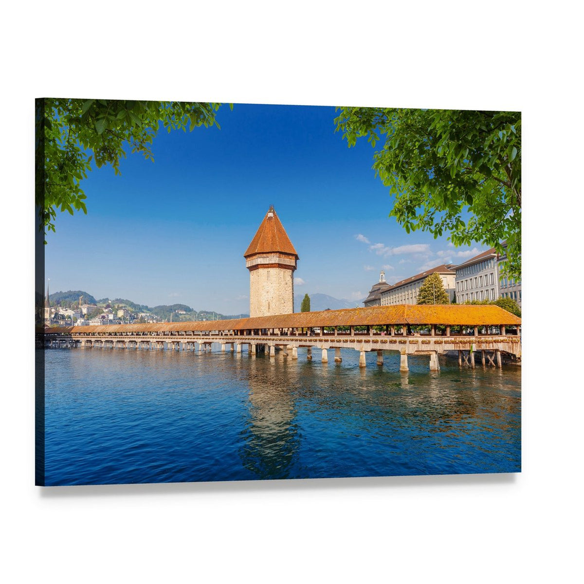 Wooden Chapel Bridge in Luzern Canvas Wall Art, single panel gallery wrapped canvas, angled product view