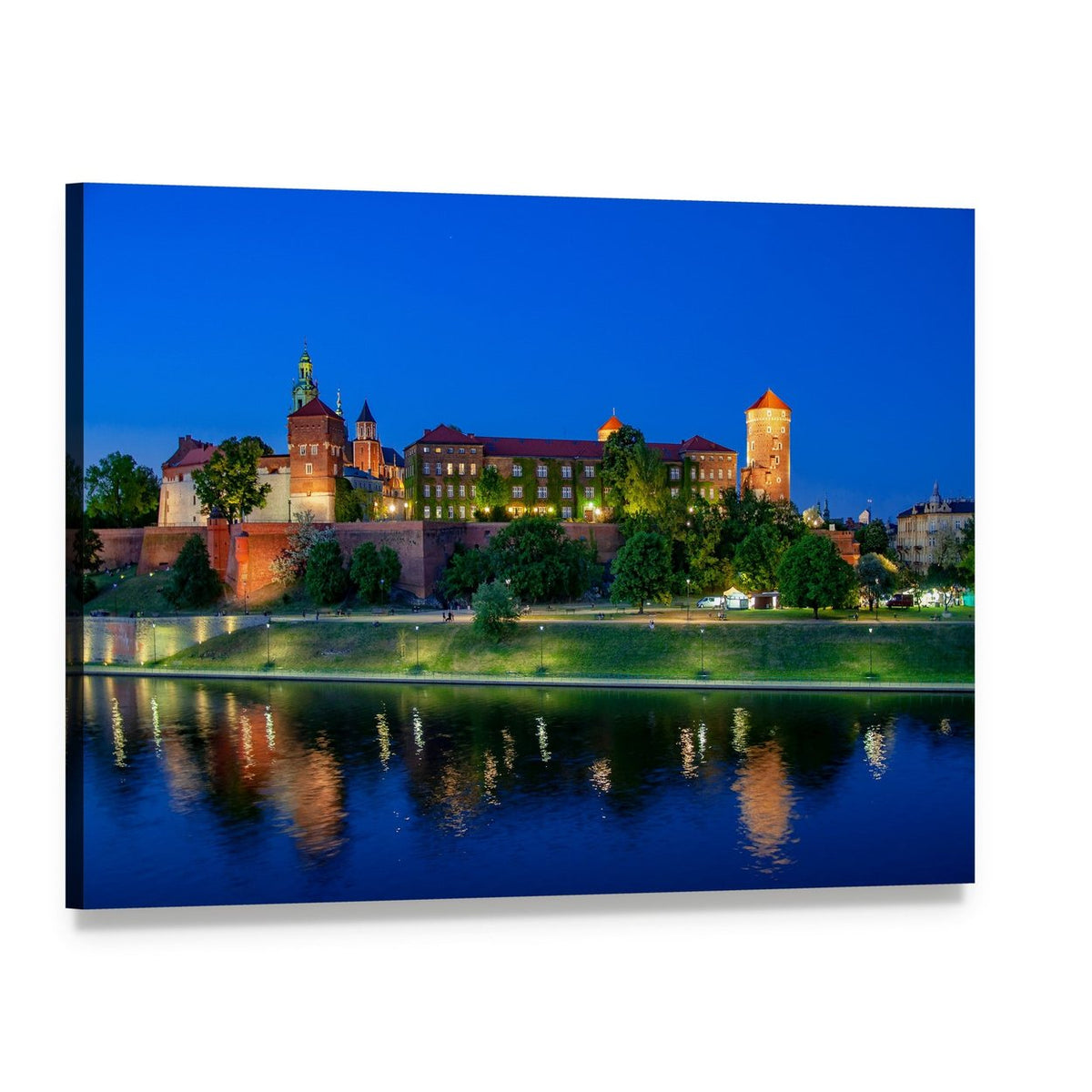 Wawel Castle at Night Over Vistula River Canvas Wall Art, single panel gallery wrapped canvas, angled product view
