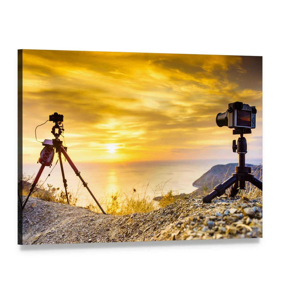 Two Cameras Overlooking Ocean at Sunset Canvas Wall Art, single panel gallery wrapped canvas, angled product view