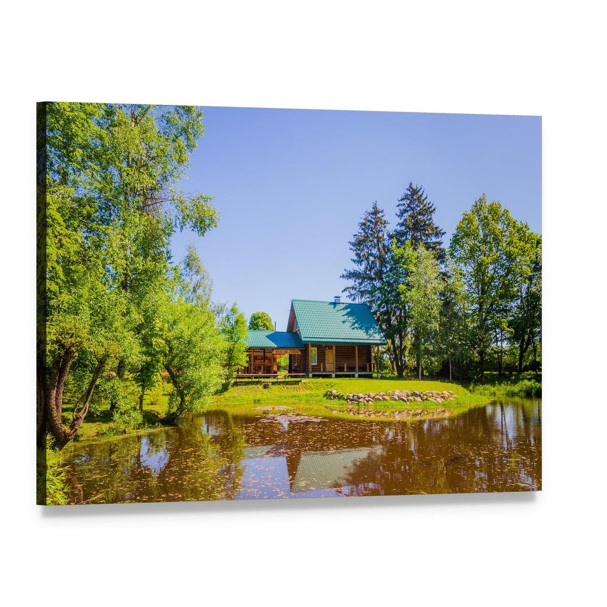 Countryside Cabin by Lake Canvas Wall Art, single panel gallery wrapped canvas, angled product view