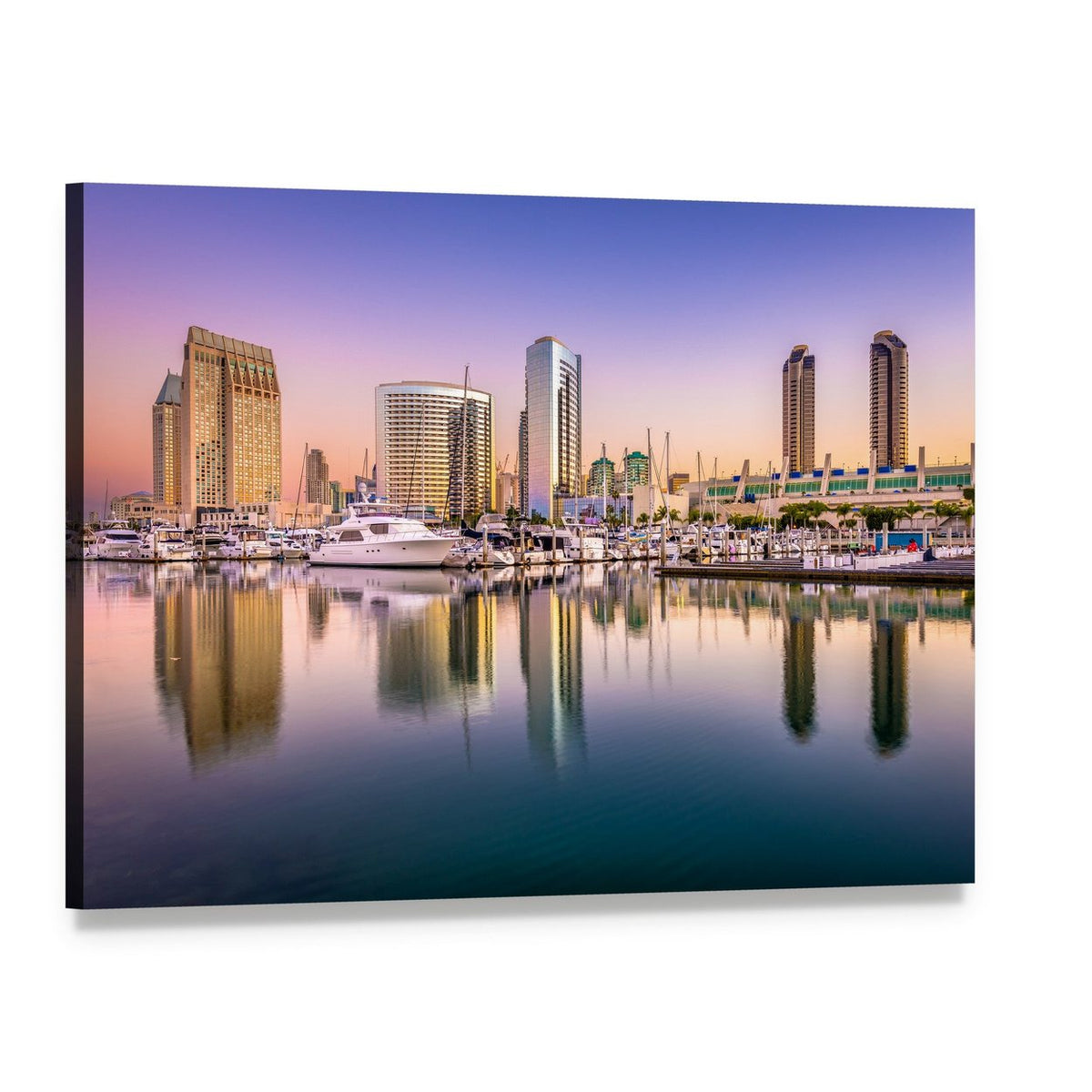Dusk Marina Cityscape with Reflections Canvas Wall Art, single panel gallery wrapped canvas, angled product view