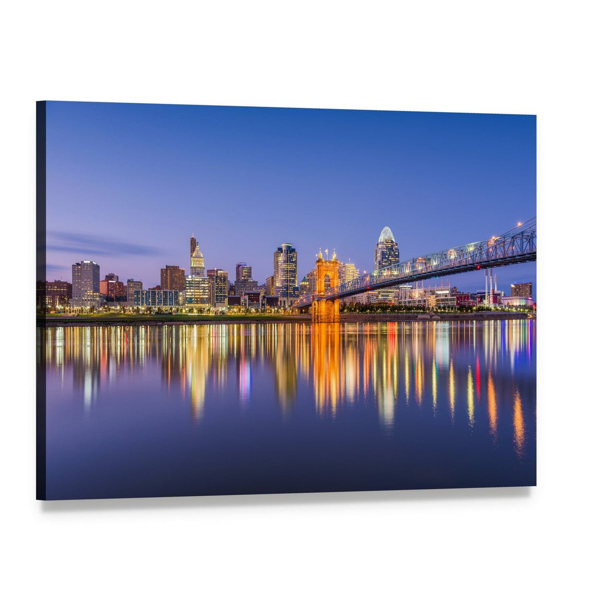 Ohio City Skyline with River Reflections Canvas Wall Art, single panel gallery wrapped canvas, angled product view