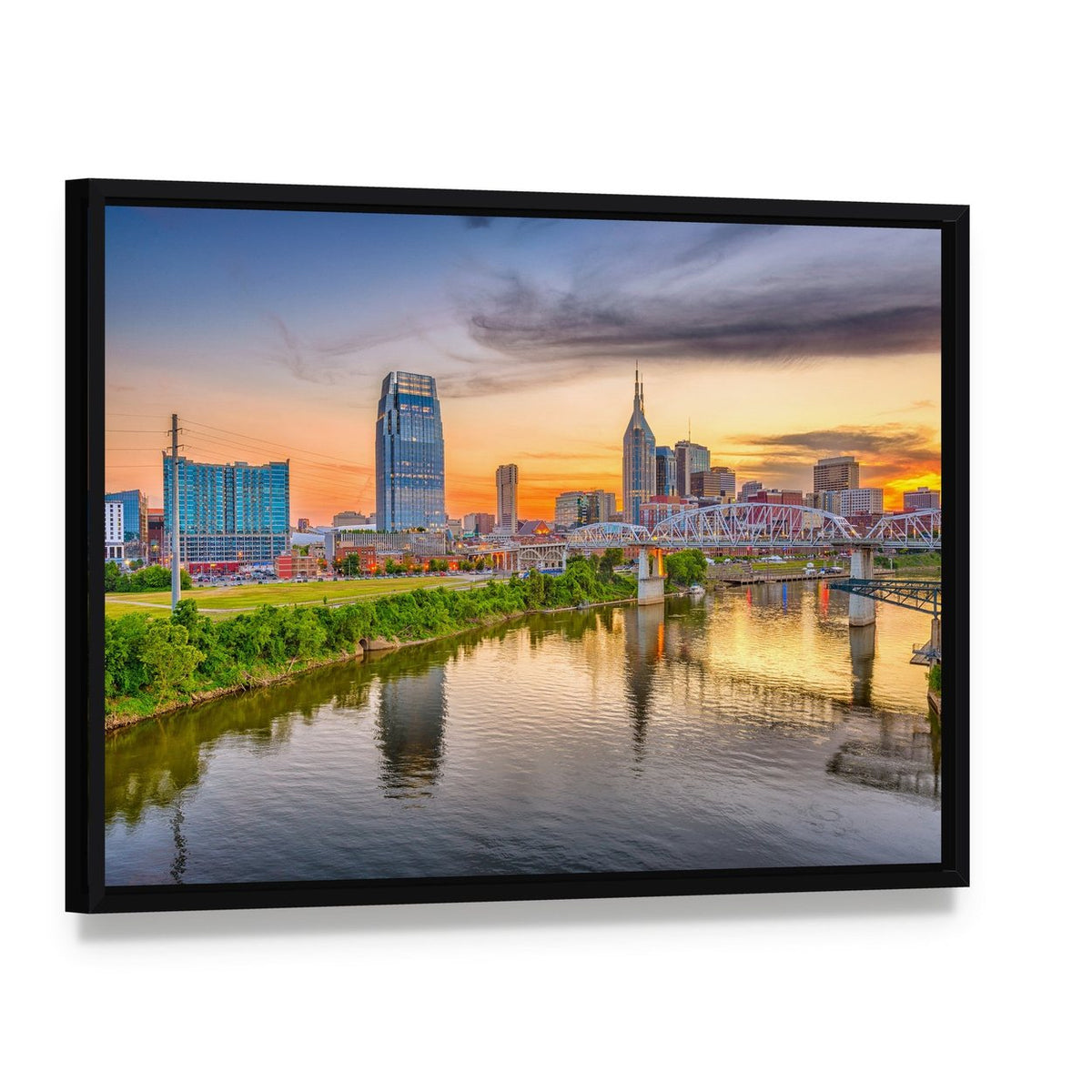 Nashville Downtown Skyline Canvas Wall Art, framed canvas in a black floater frame, angled product view