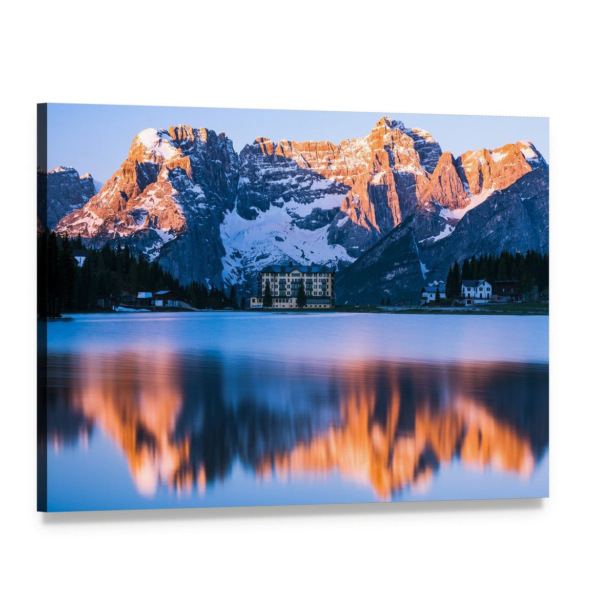Sunrise Over Snow-capped Mountains and Lake Canvas Wall Art, single panel gallery wrapped canvas, angled product view