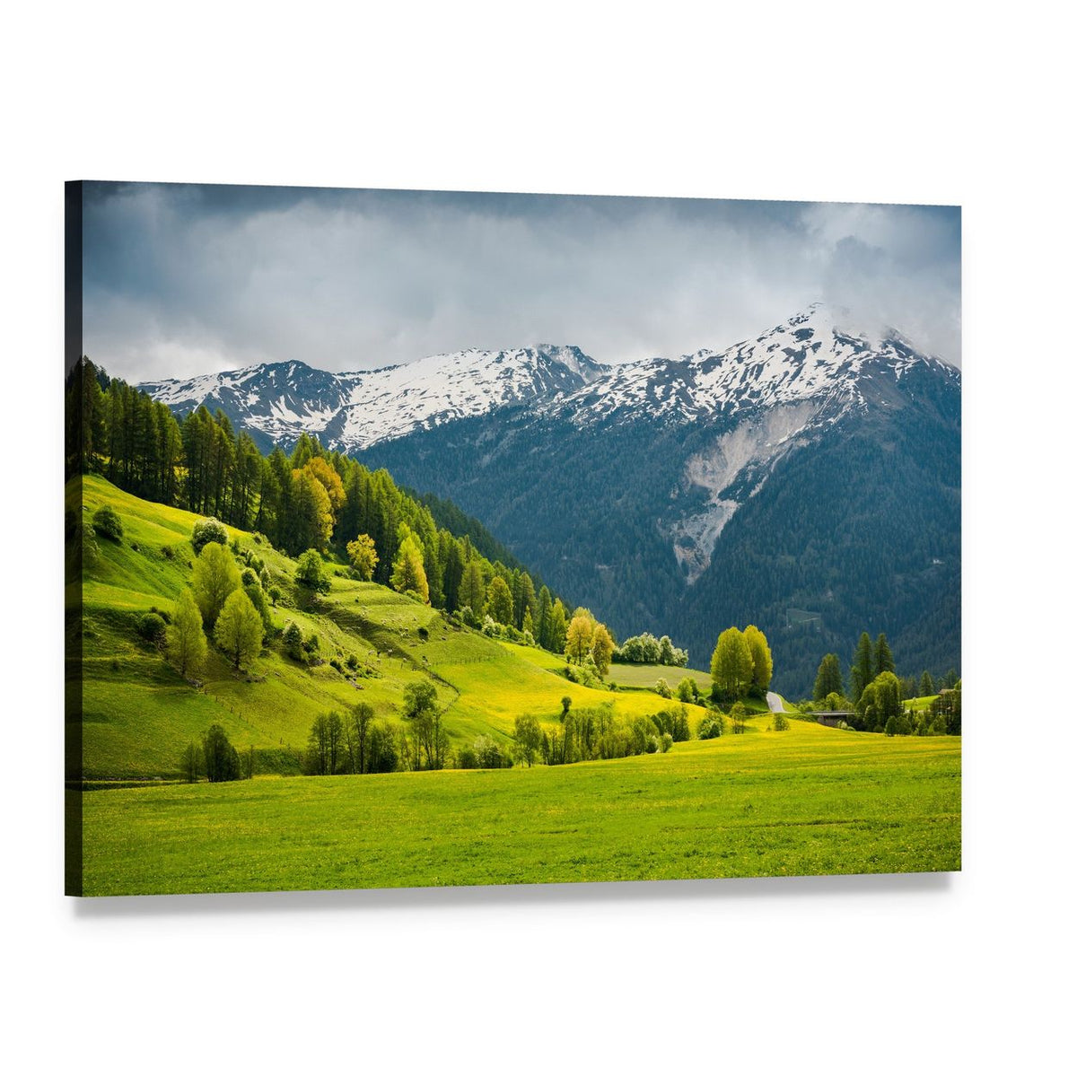 Alpine Summer Meadow with Snow-capped Peaks Canvas Wall Art, single panel gallery wrapped canvas, angled product view