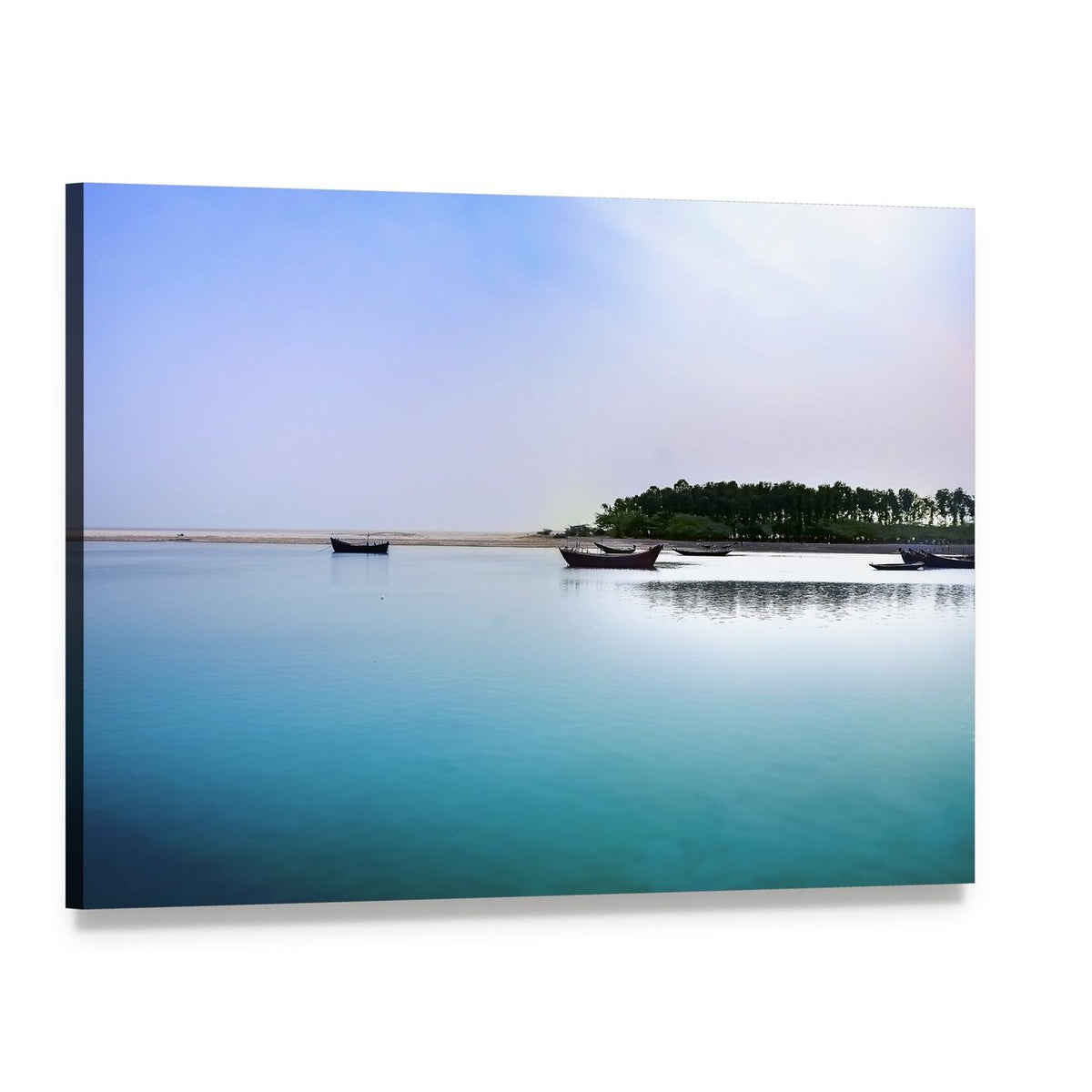 Three Boats at East Coast India Beach Canvas Wall Art, single panel gallery wrapped canvas, angled product view