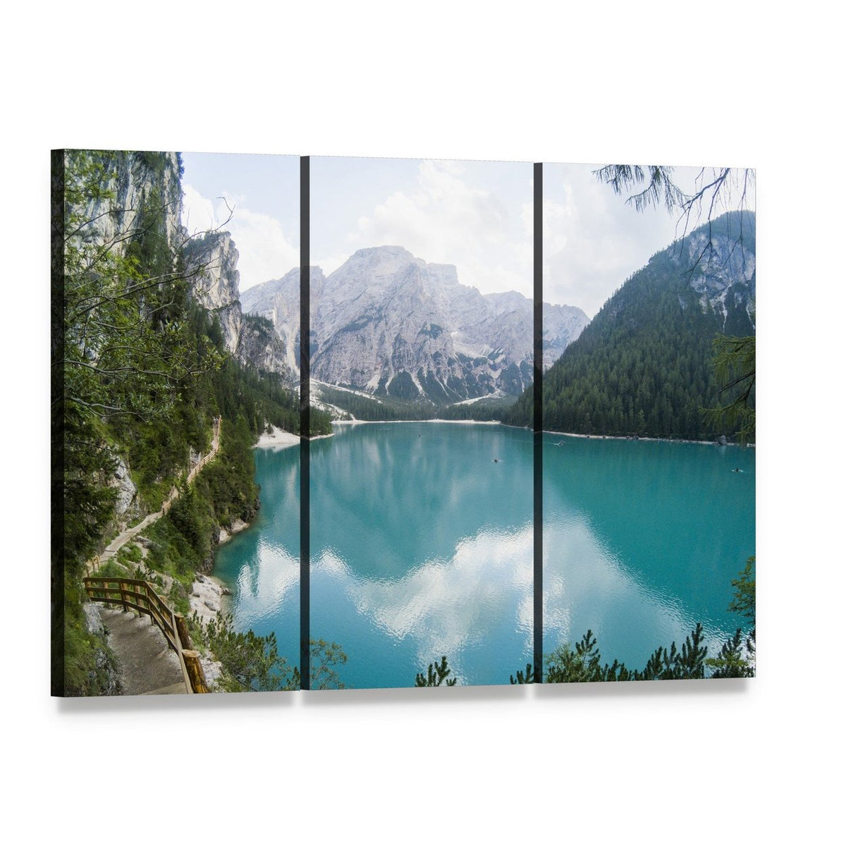 Braies Lake Reflections Canvas Wall Art, 3 panel 3 Horizontal layout gallery wrapped canvas set, angled product view
