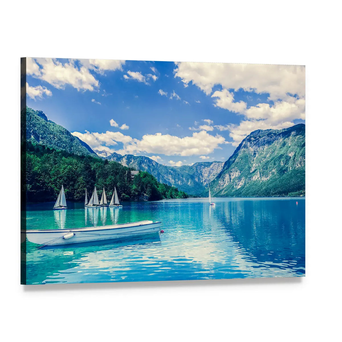 Lake Bled Turquoise Waters Canvas Wall Art, single panel gallery wrapped canvas, angled product view