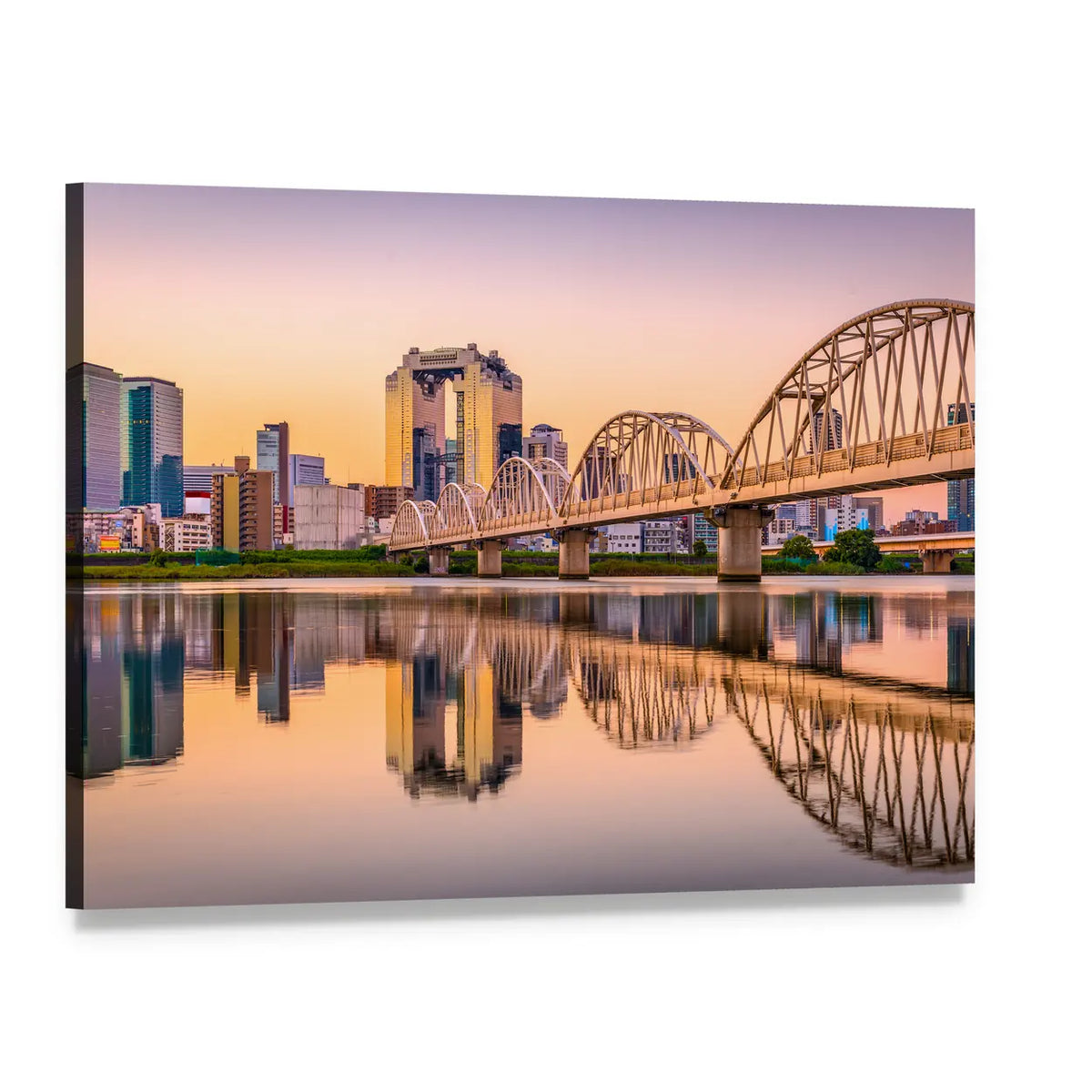 Umeda Sky Building Over Yodogawa River Canvas Wall Art, single panel gallery wrapped canvas, angled product view