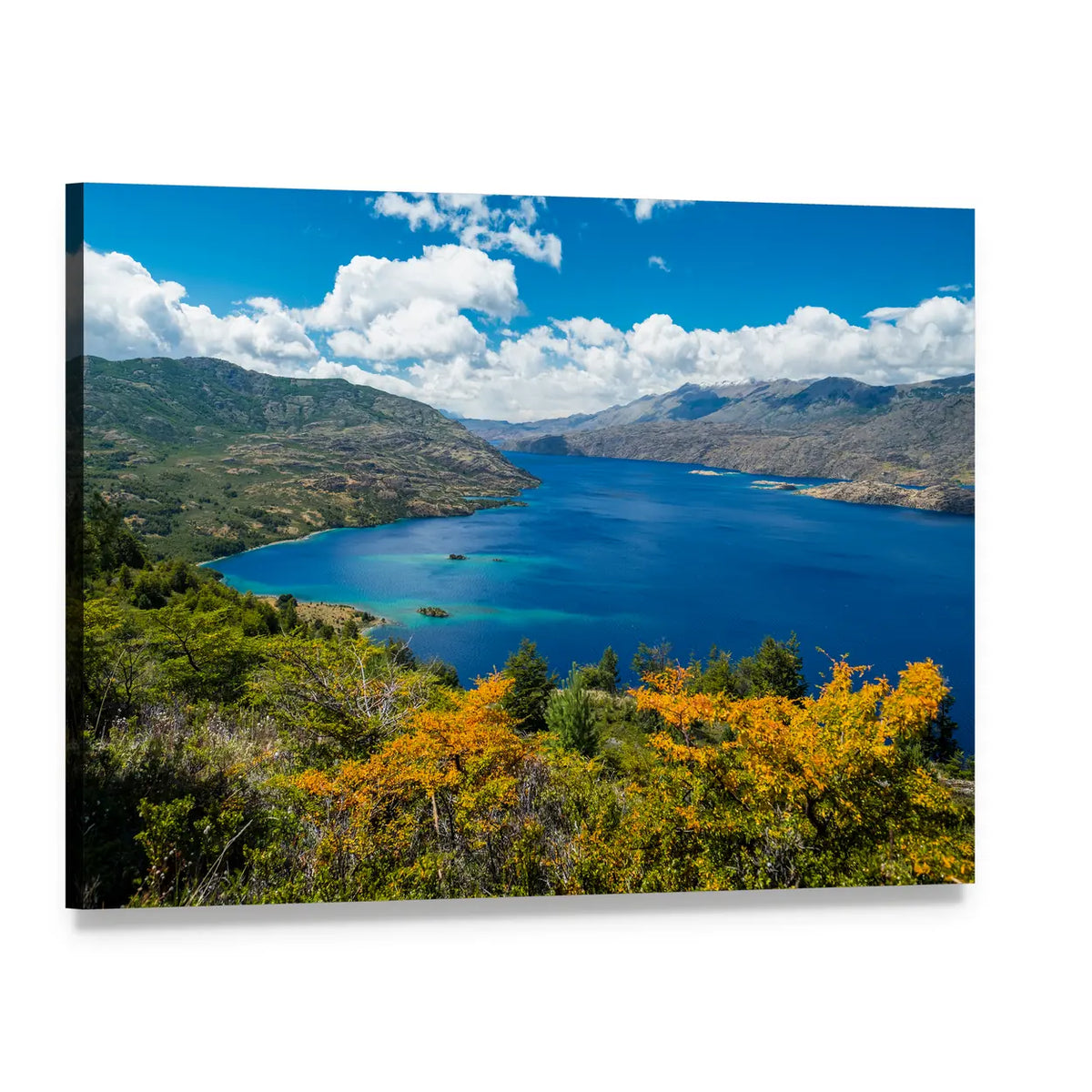 Cochrane Lake Chile Autumn Landscape Canvas Wall Art, single panel gallery wrapped canvas, angled product view