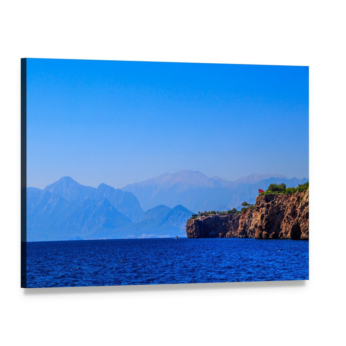 Old Town Coastal Cliff with Red Flag Canvas Wall Art, single panel gallery wrapped canvas, angled product view