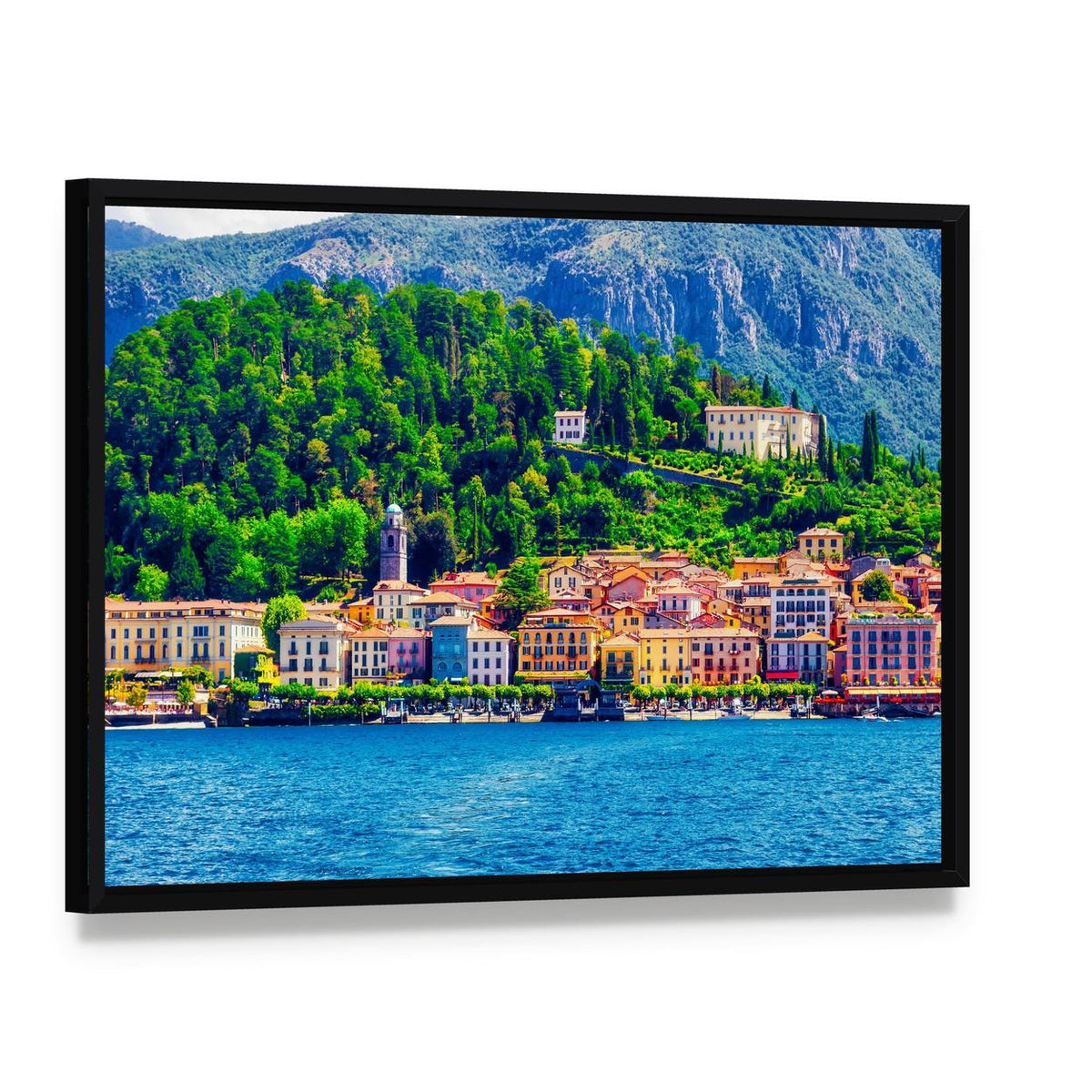 Bellagio Waterfront on Lake Como Canvas Wall Art, framed canvas in a black floater frame, angled product view