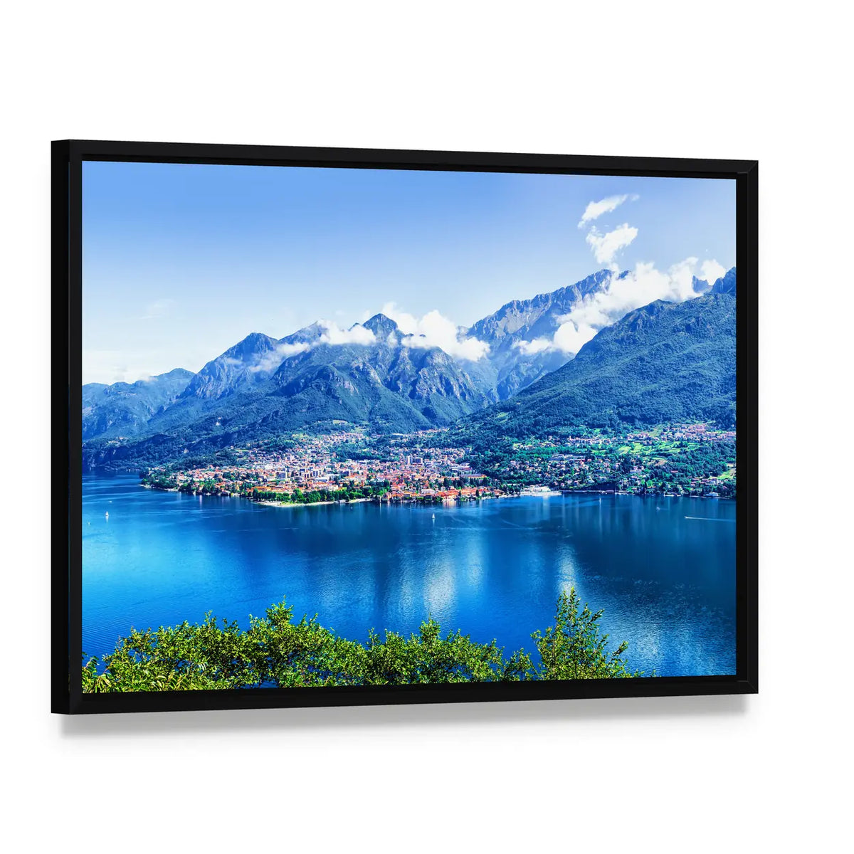 Lake Como Panorama Canvas Wall Art, framed canvas in a black floater frame, angled product view