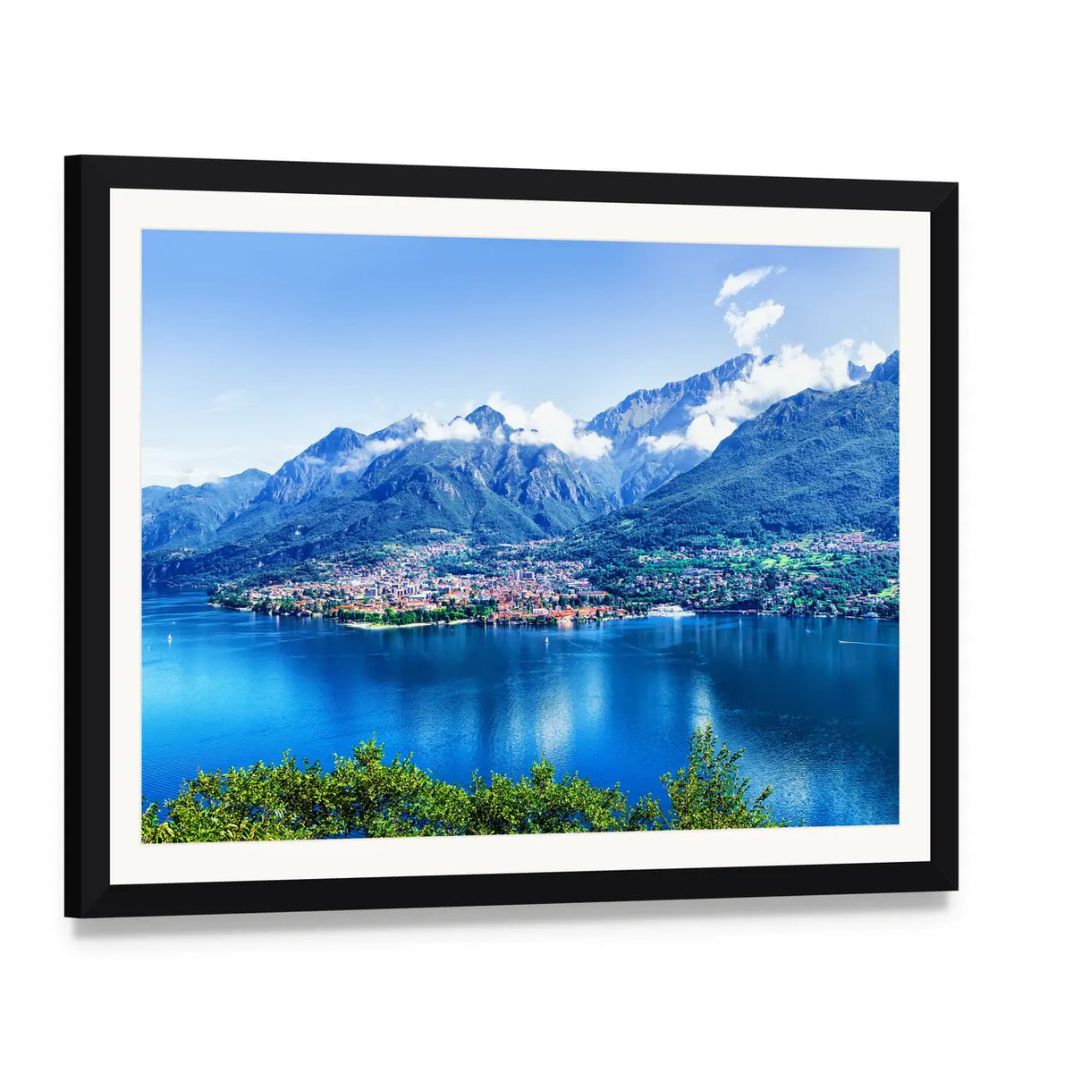 Lake Como Panorama Canvas Wall Art, framed print with white mat and black frame, angled product view