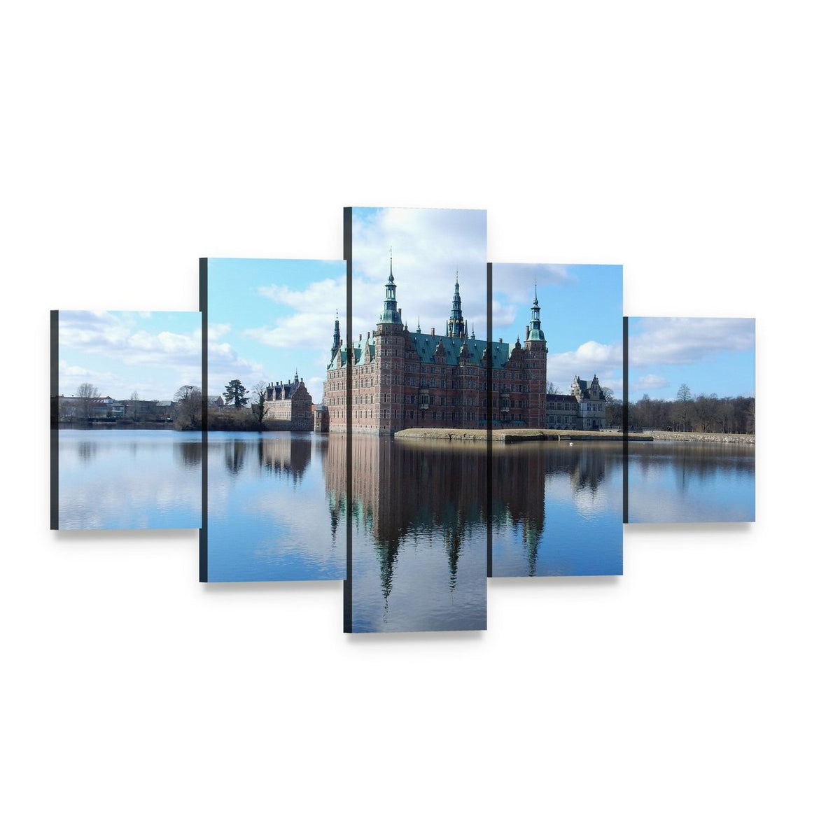 Frederiksborg Castle Reflected in Lake Canvas Wall Art, 5 panel 5 Star layout gallery wrapped canvas set, angled product view