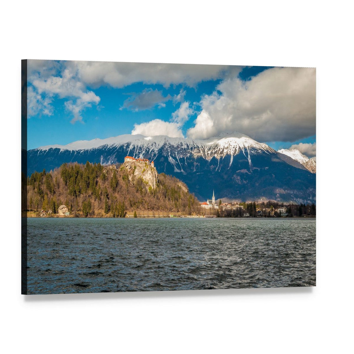 Clouds Over Lake Bled Canvas Wall Art, single panel gallery wrapped canvas, angled product view