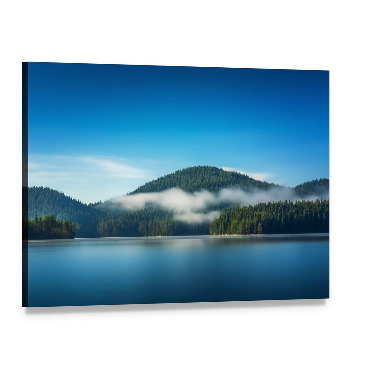 Misty Lake with Mountain Reflection Canvas Wall Art, single panel gallery wrapped canvas, angled product view
