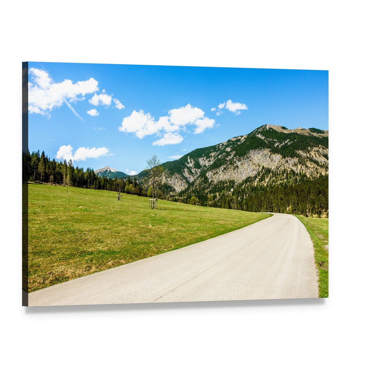 Karwendel Mountains Road Through Green Field Canvas Wall Art, single panel gallery wrapped canvas, angled product view
