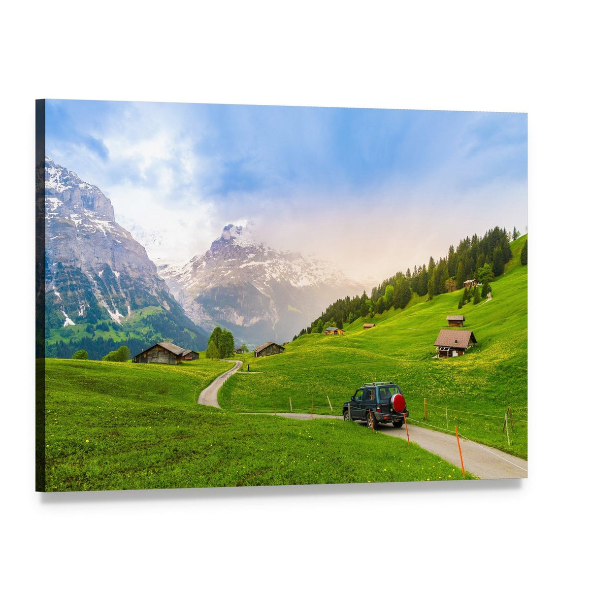 Grindelwald Road with Dark Green Suv Canvas Wall Art, single panel gallery wrapped canvas, angled product view