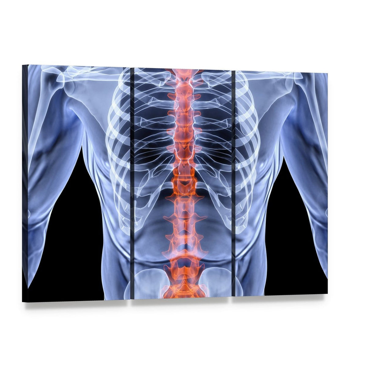 X-ray Male Spine with Glowing Red Vertebrae Canvas Wall Art, 3 panel 3 Horizontal layout gallery wrapped canvas set, angled product view