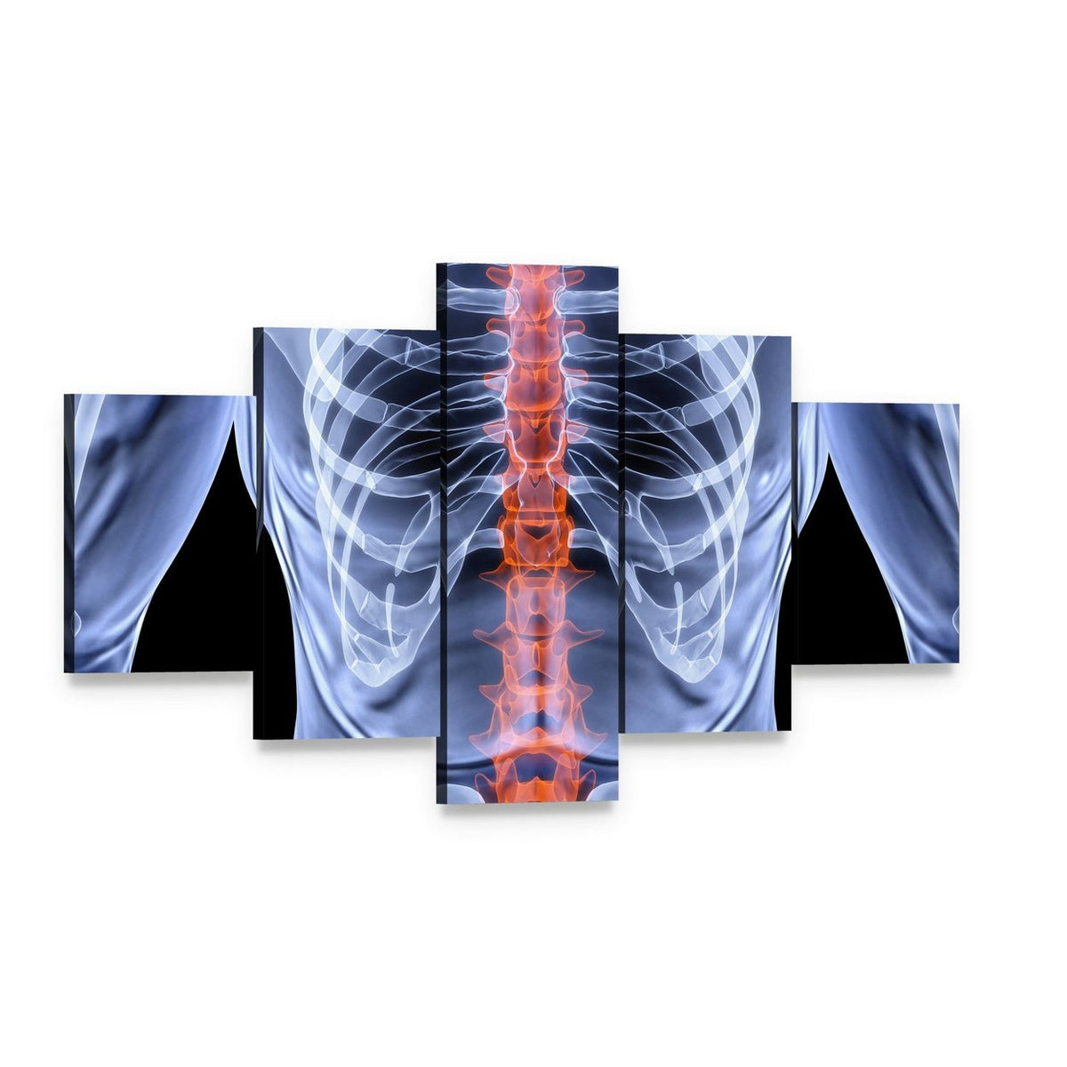 X-ray Male Spine with Glowing Red Vertebrae Canvas Wall Art, 5 panel 5 Star layout gallery wrapped canvas set, angled product view