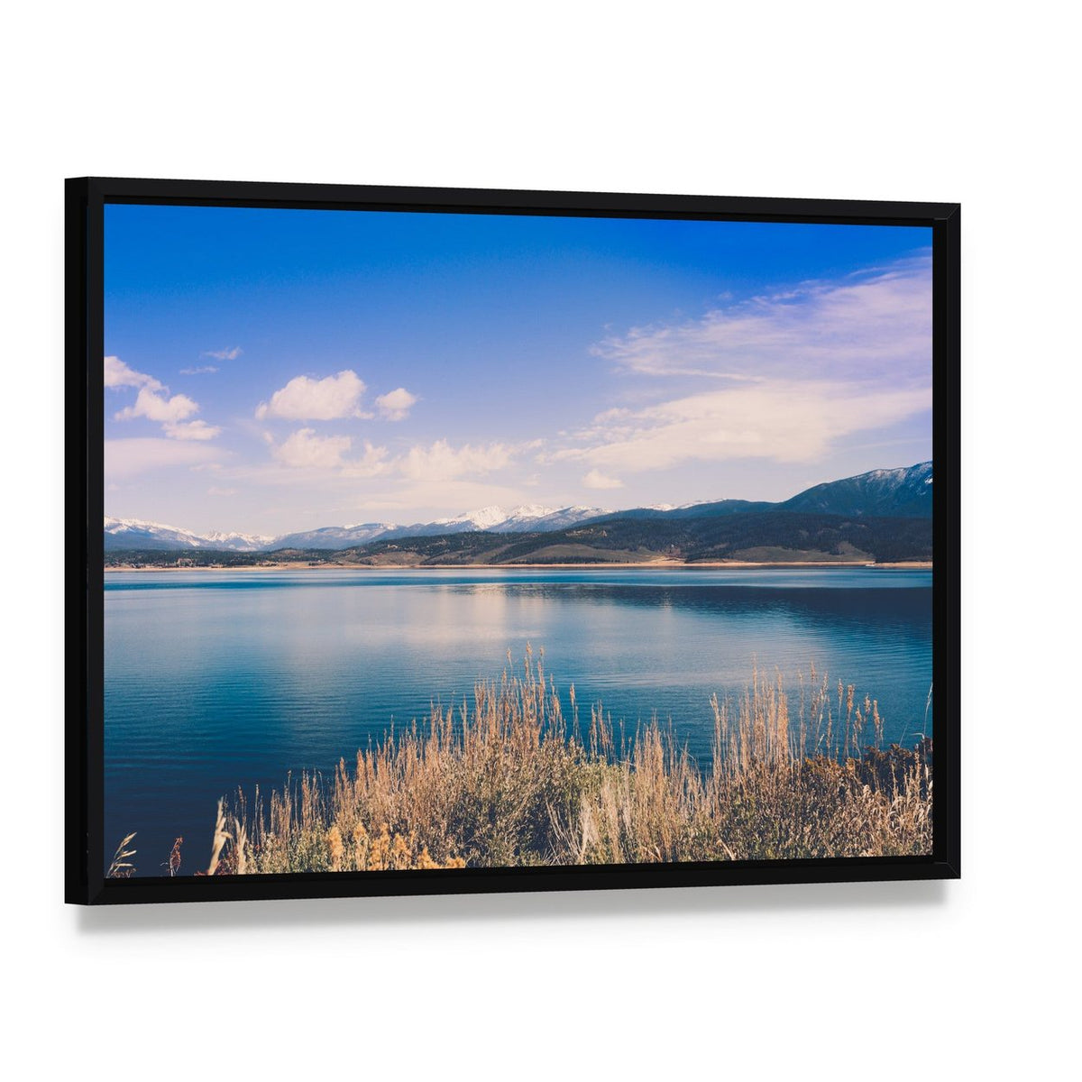 Lake Granby with Snow-capped Mountains Canvas Wall Art, framed canvas in a black floater frame, angled product view