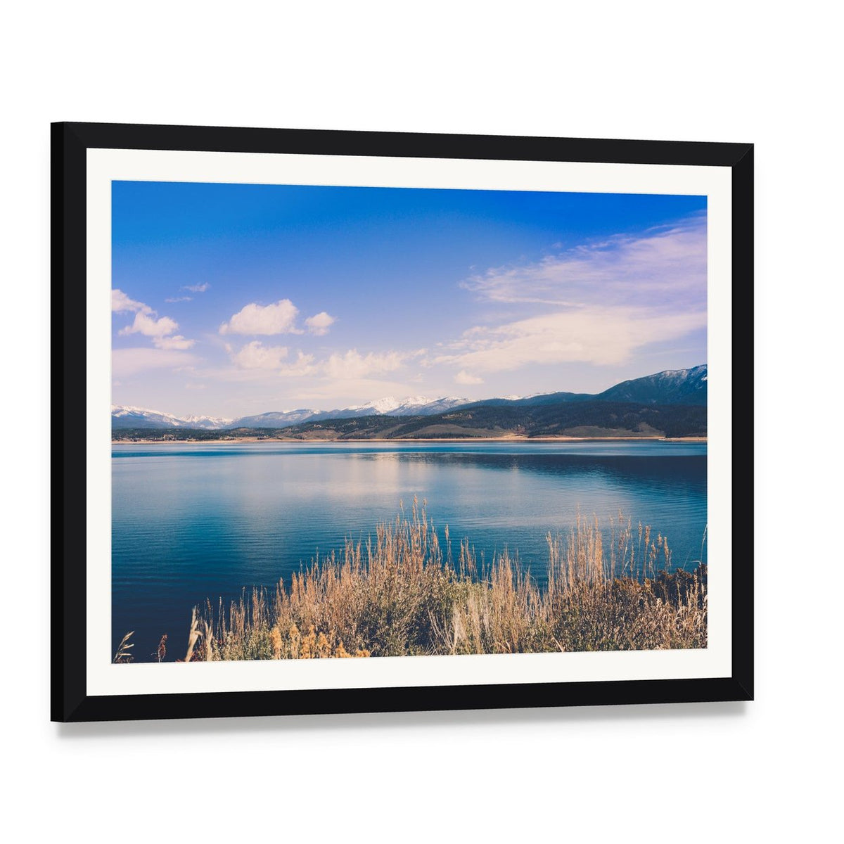 Lake Granby with Snow-capped Mountains Canvas Wall Art, framed print with white mat and black frame, angled product view