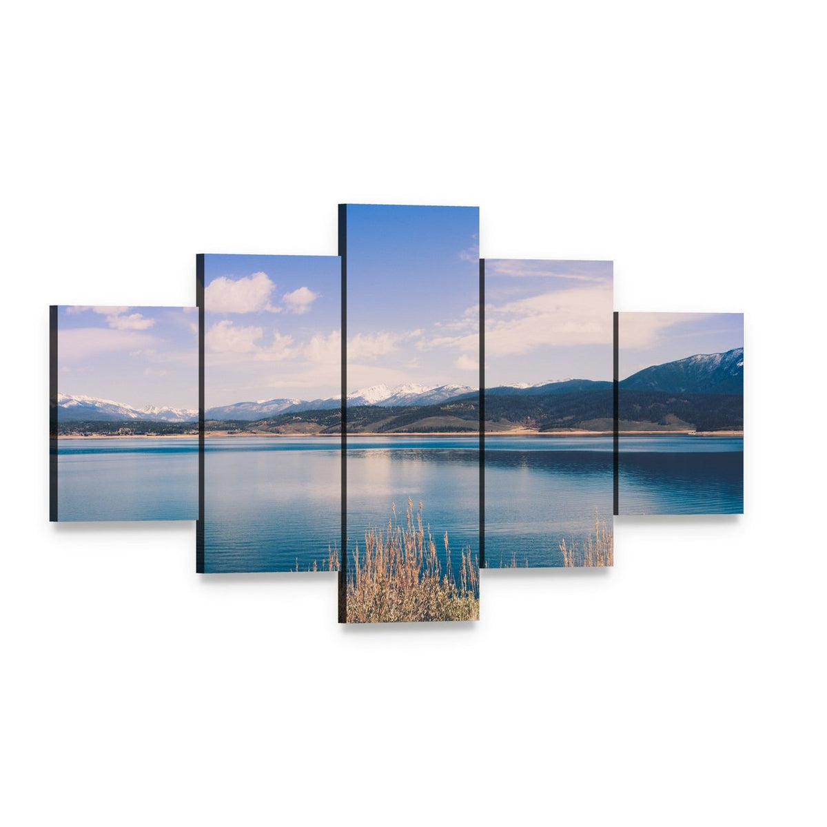 Lake Granby with Snow-capped Mountains Canvas Wall Art, 5 panel 5 Star layout gallery wrapped canvas set, angled product view