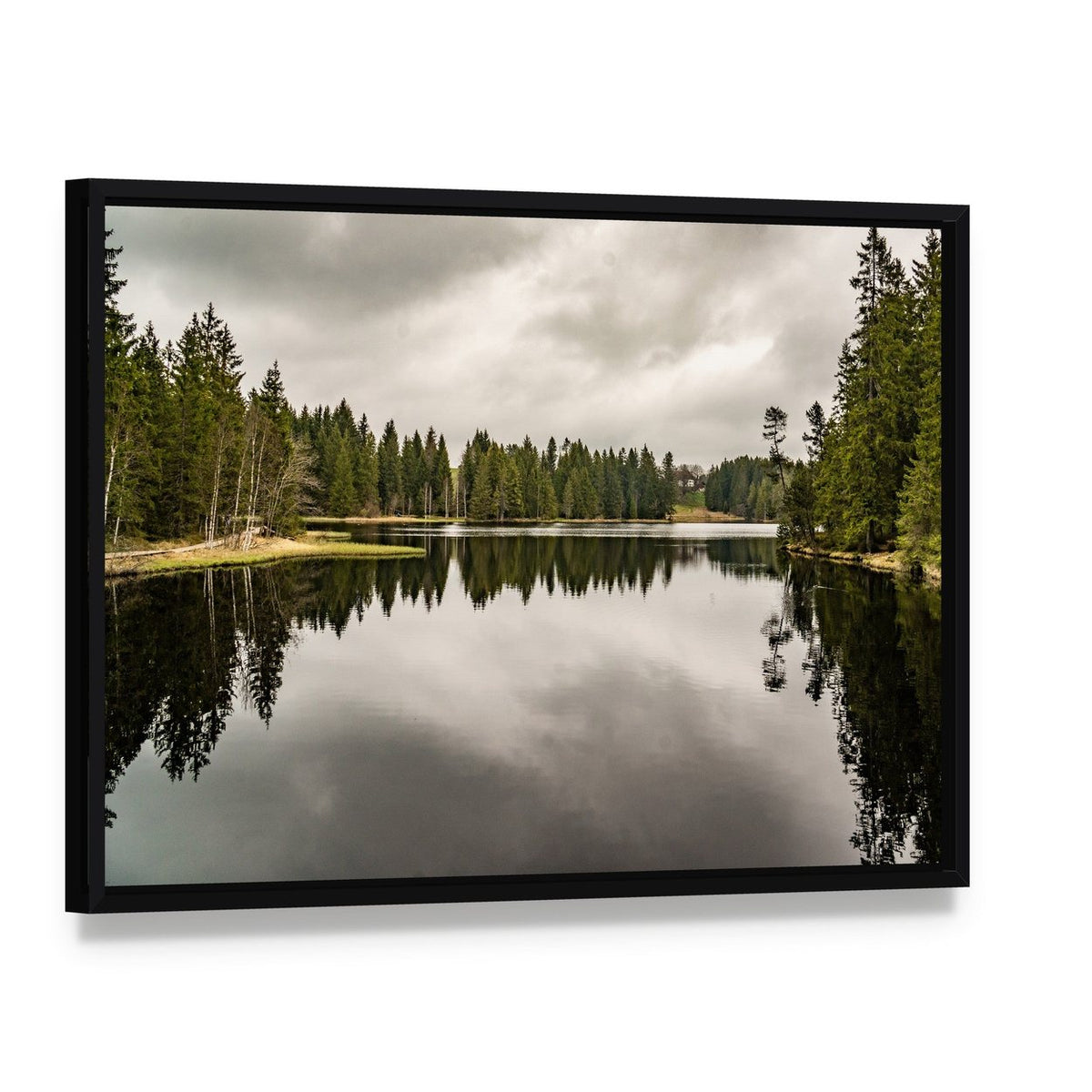 Mystery Lake with Forest Canvas Wall Art, framed canvas in a black floater frame, angled product view