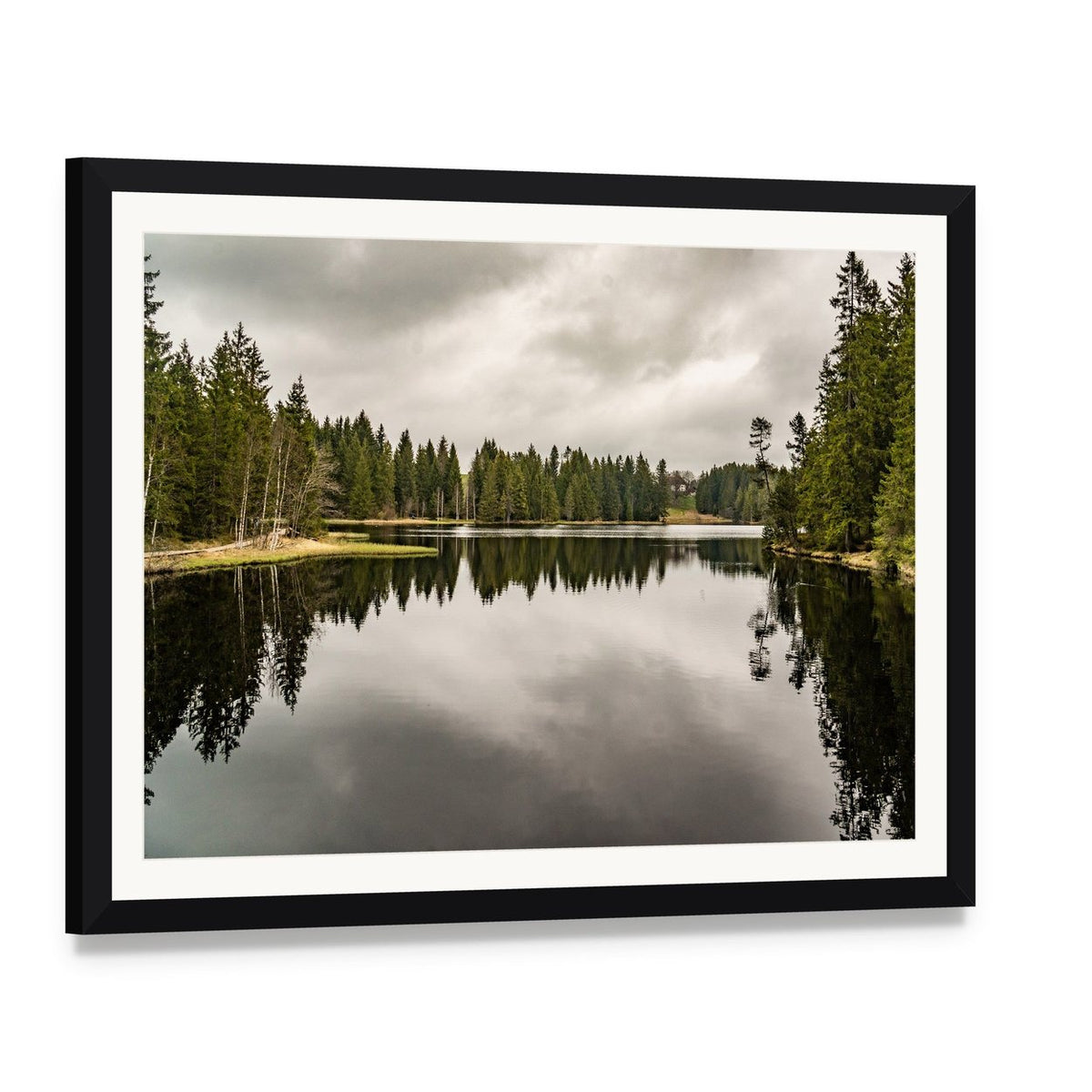 Mystery Lake with Forest Canvas Wall Art, framed print with white mat and black frame, angled product view