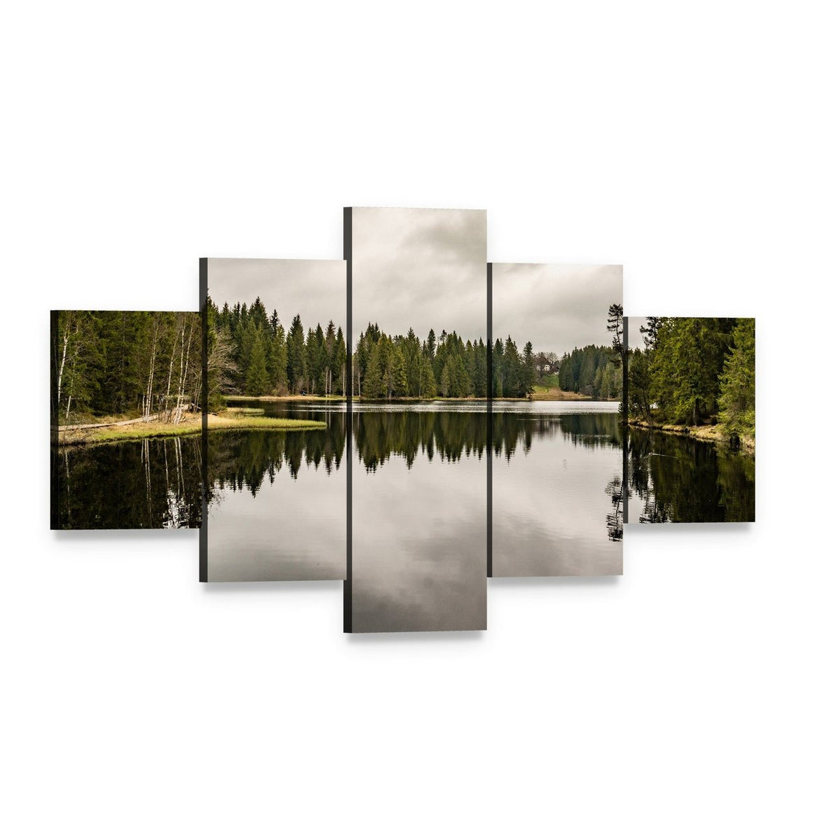 Mystery Lake with Forest Canvas Wall Art, 5 panel 5 Star layout gallery wrapped canvas set, angled product view