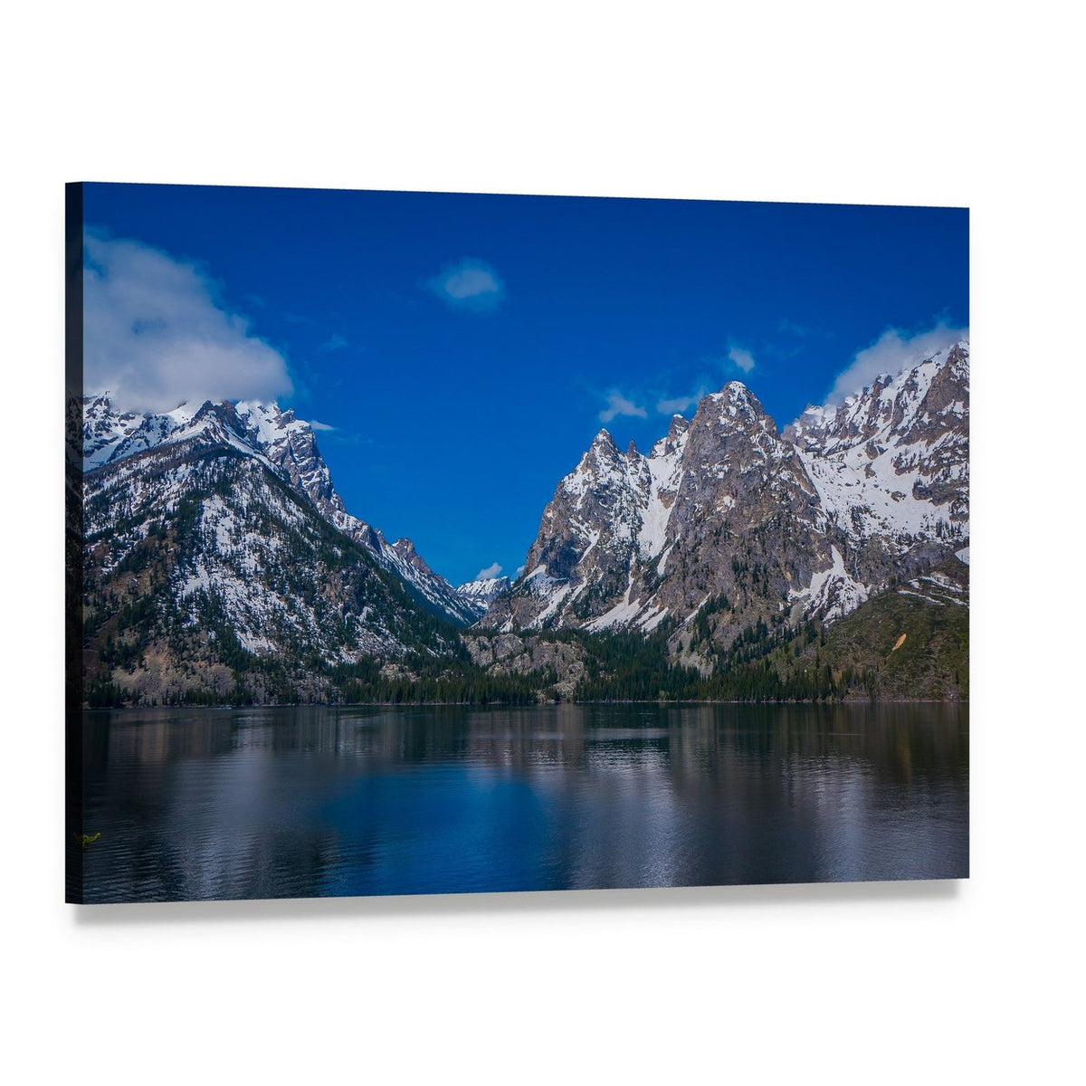 Snow-capped Mountain Reflection in Lake Canvas Wall Art, single panel gallery wrapped canvas, angled product view