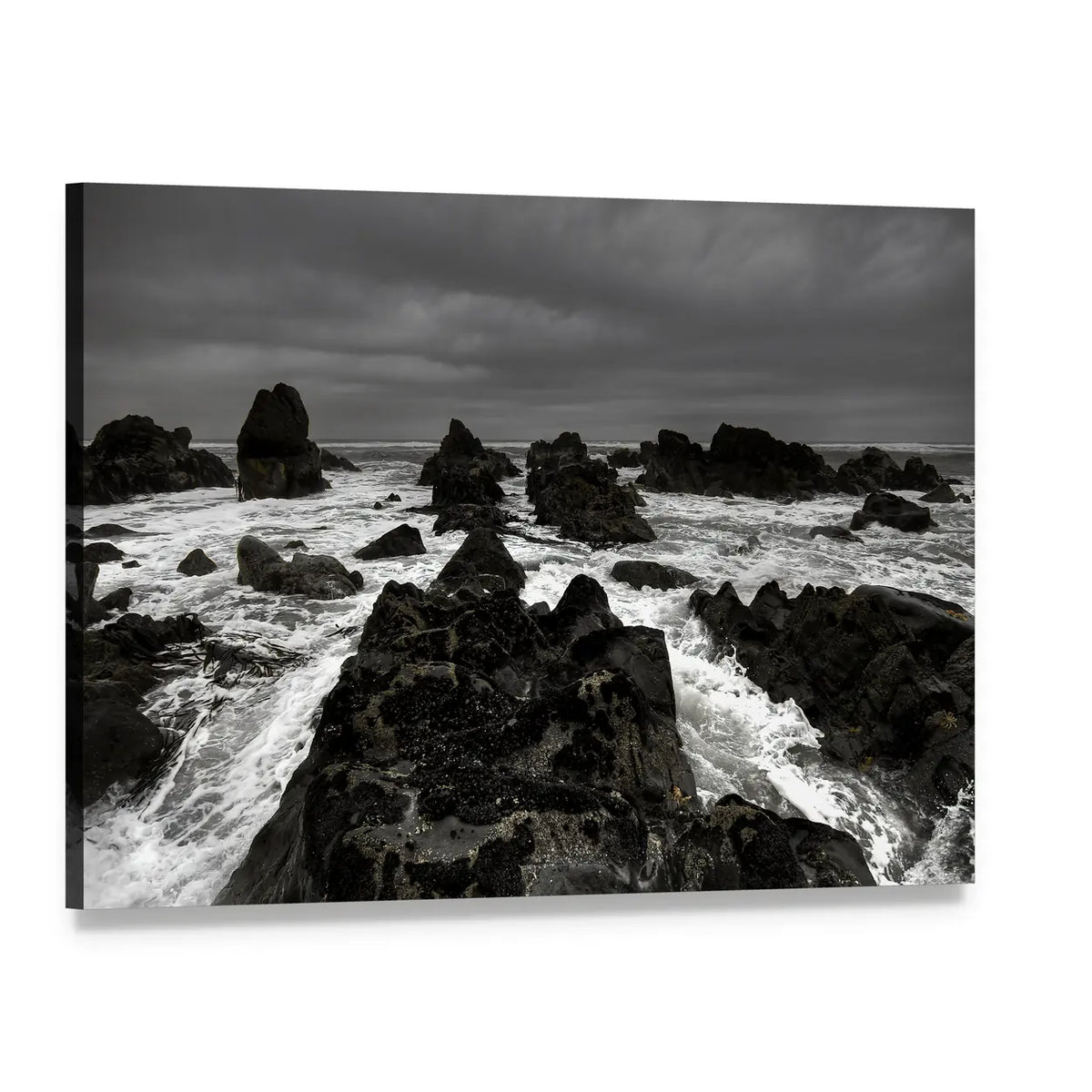 Crashing Waves on Rocky Coastline Canvas Wall Art, single panel gallery wrapped canvas, angled product view