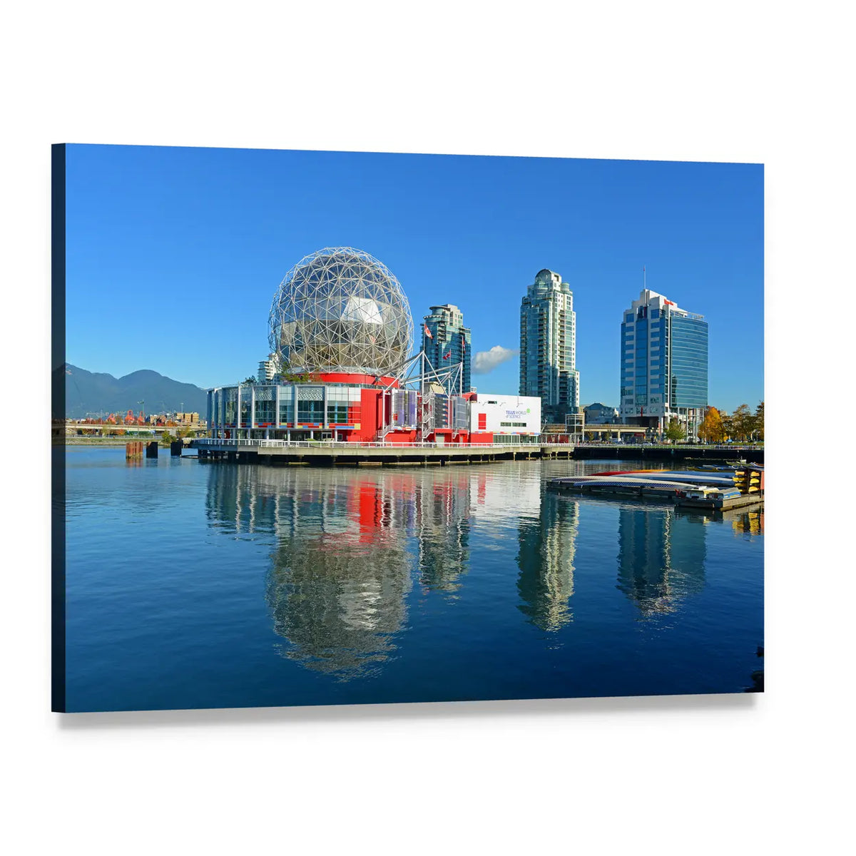 Science World Vancouver Waterfront Skyline Canvas Wall Art, single panel gallery wrapped canvas, angled product view