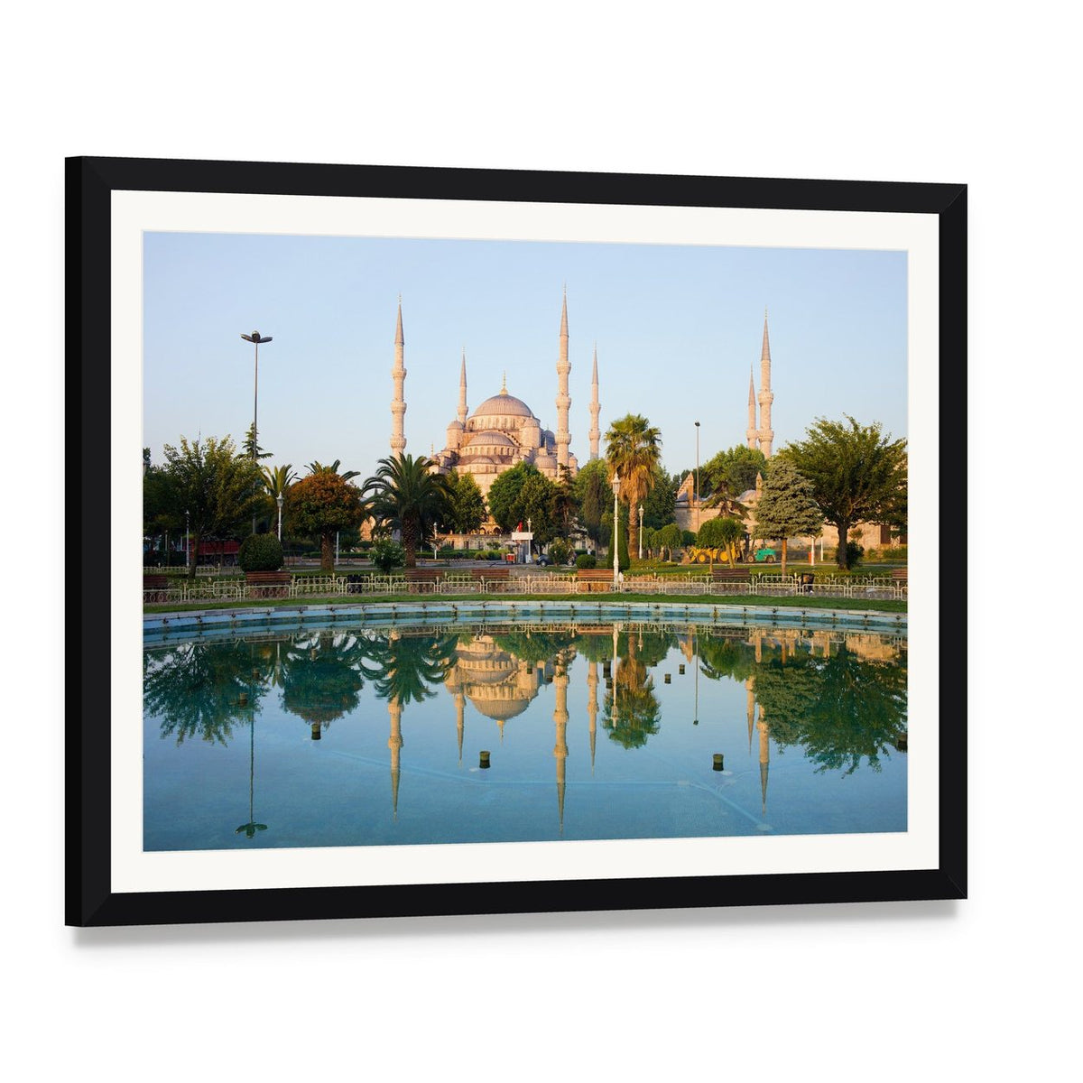 Sultan Ahmet Mosque Reflection in Istanbul Canvas Wall Art, framed print with white mat and black frame, angled product view