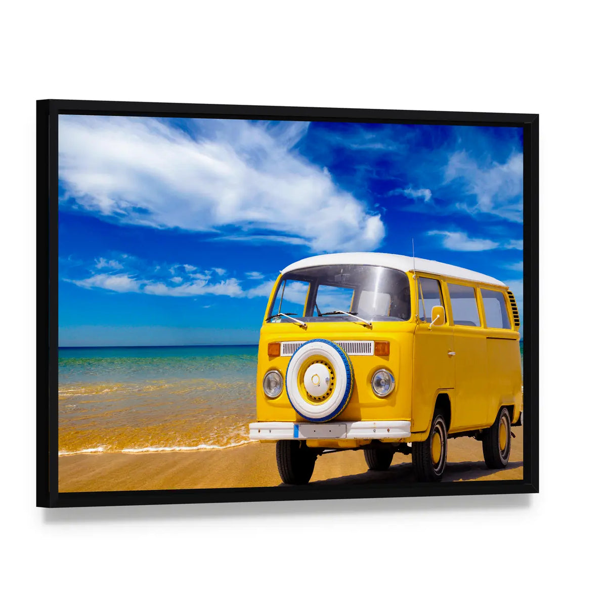 Yellow Vintage Van on Sandy Beach Canvas Wall Art, framed canvas in a black floater frame, angled product view