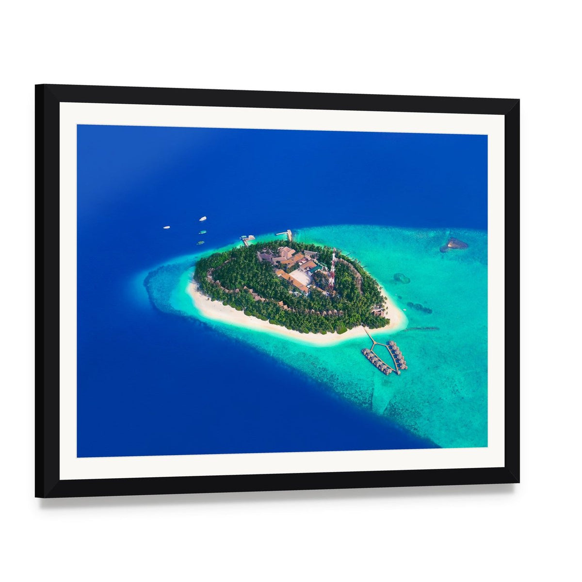 Maldives Tropical Island Aerial View Canvas Wall Art, framed print with white mat and black frame, angled product view