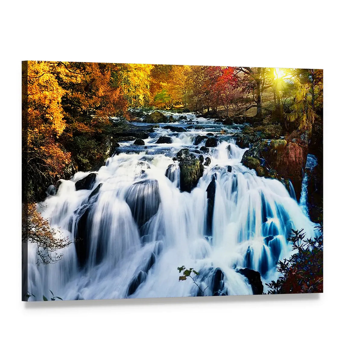 Autumn Waterfall in Sunlit Forest Canvas Wall Art, single panel gallery wrapped canvas, angled product view