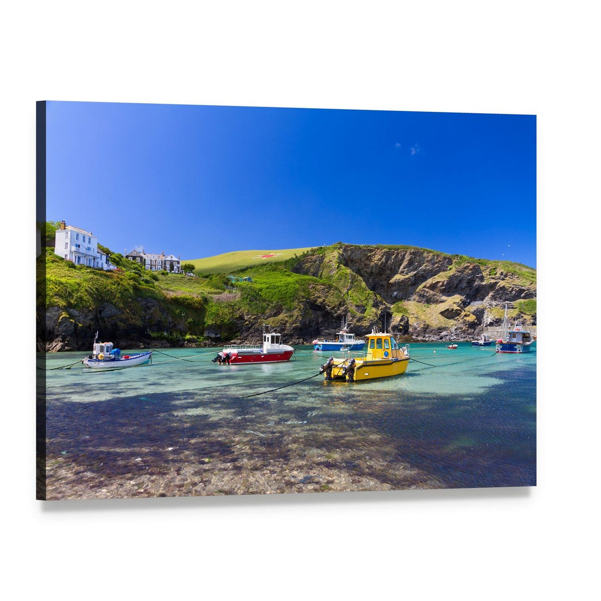 Colorful Fishing Boats Canvas Wall Art, single panel gallery wrapped canvas, angled product view