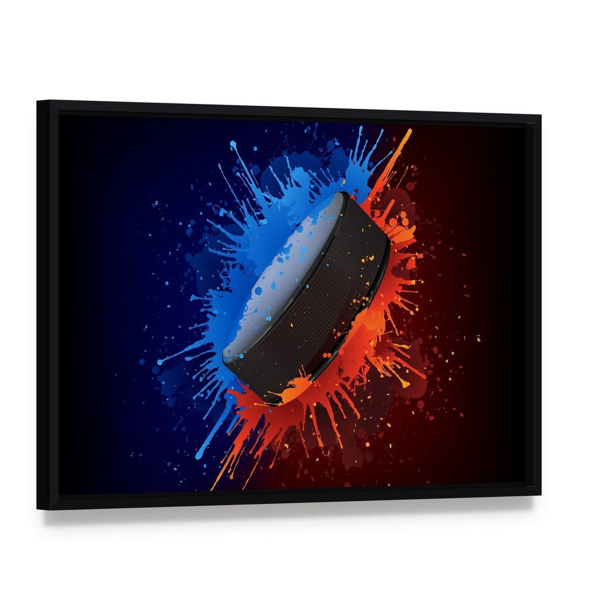 Hockey Puck with Paint Splatter Canvas Wall Art, framed canvas in a black floater frame, angled product view