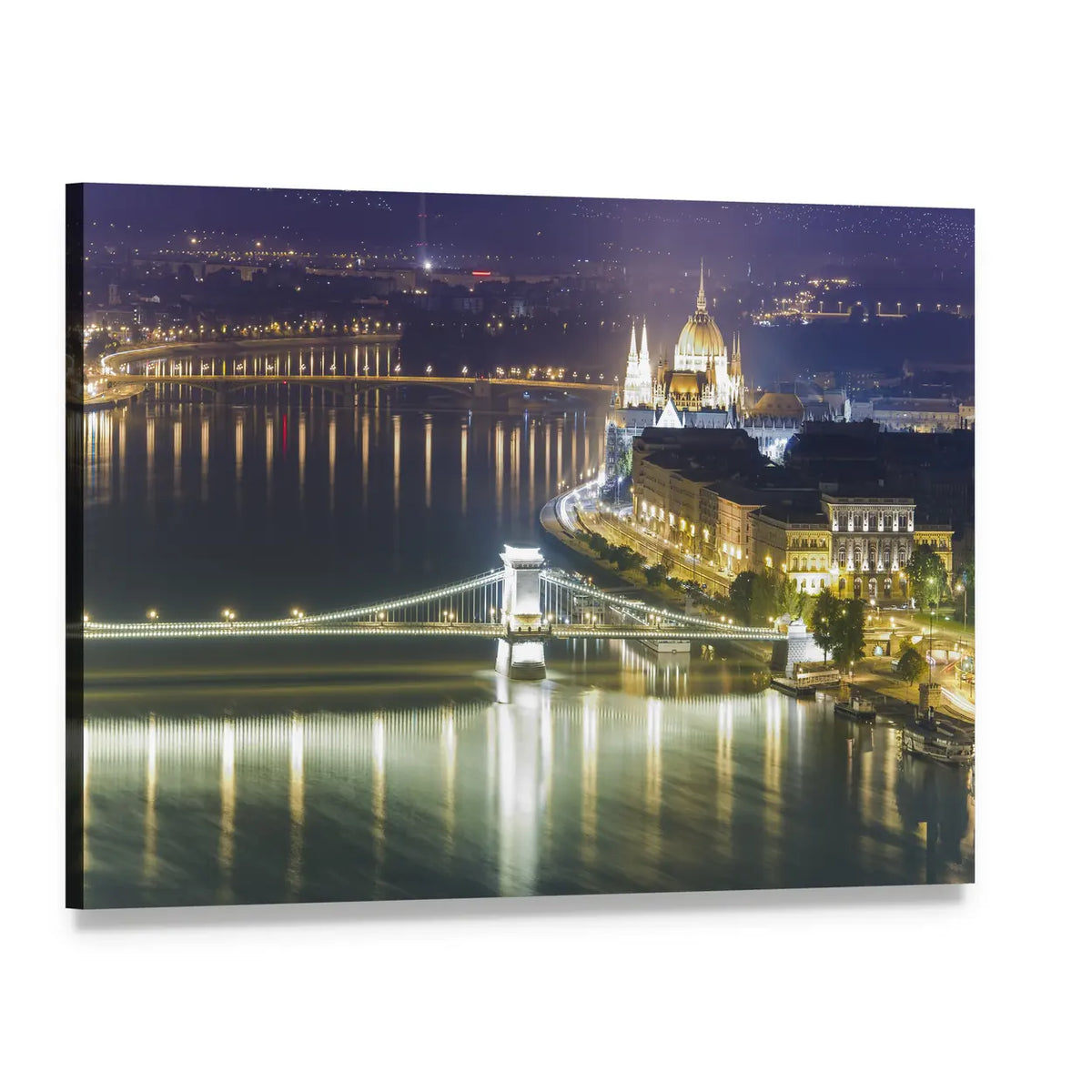 Hungarian Parliament and Chain Bridge at Night Canvas Wall Art, single panel gallery wrapped canvas, angled product view