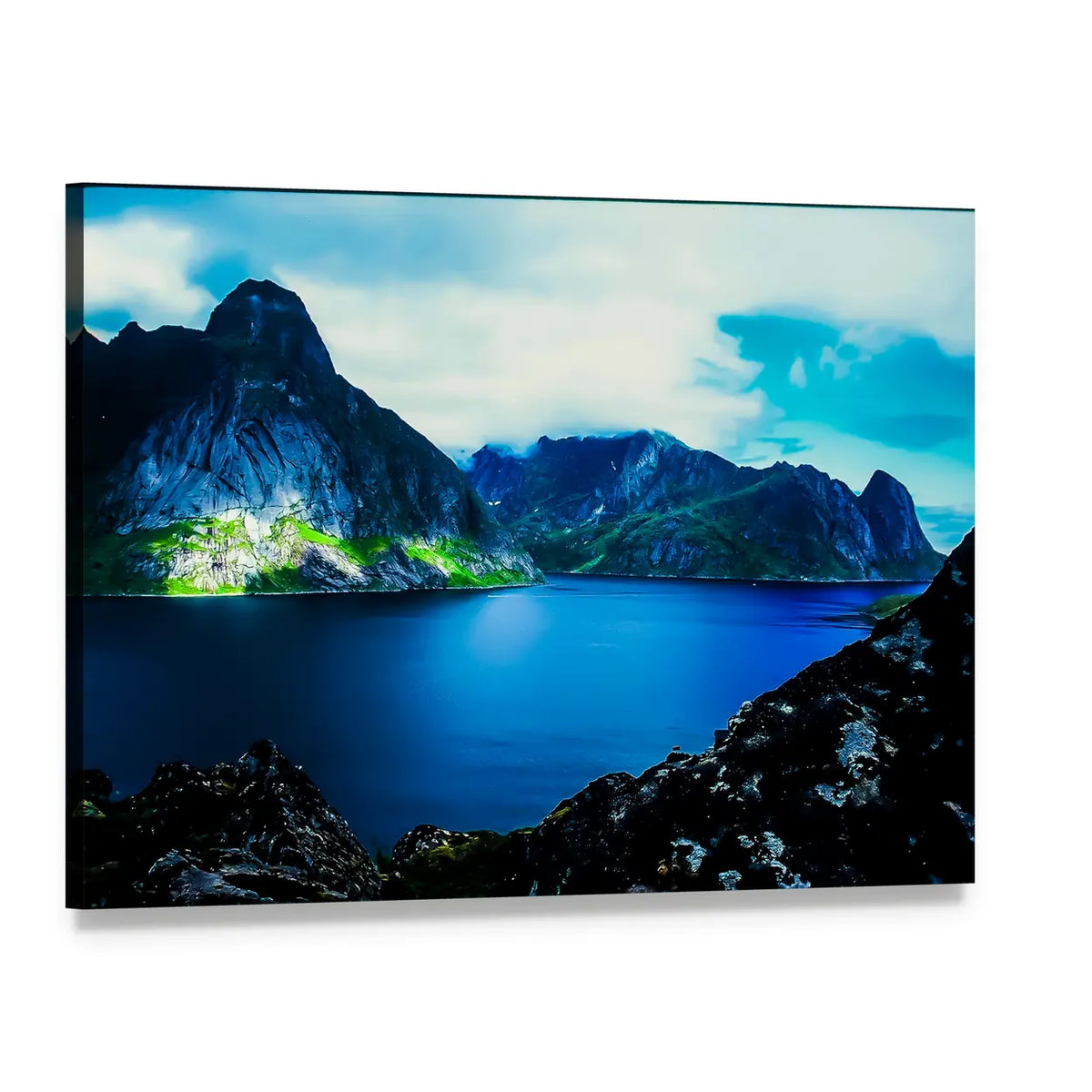 Flat Water in Quiet Fjord Canvas Wall Art, single panel gallery wrapped canvas, angled product view