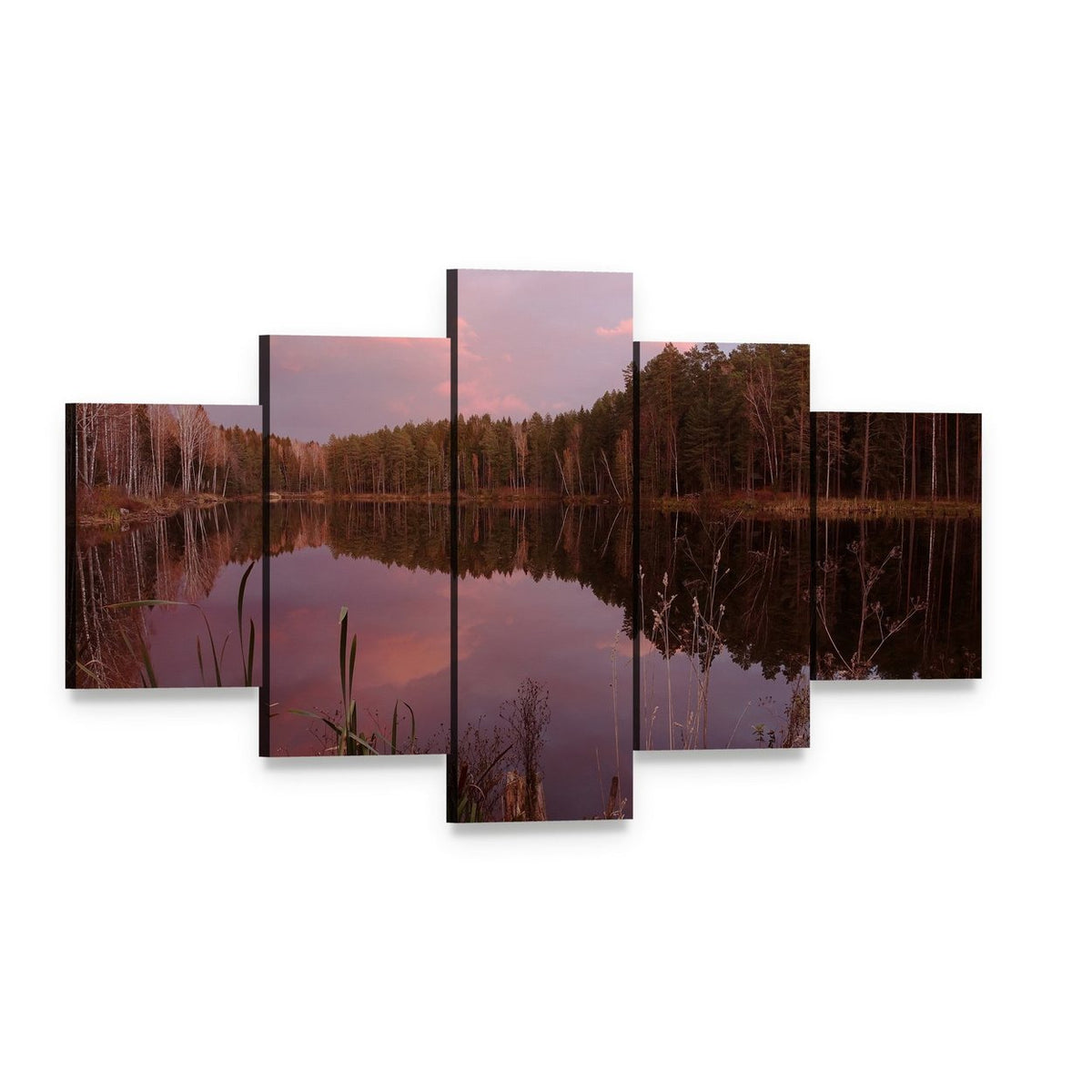 Forest Lake at Sunset Canvas Wall Art, 5 panel 5 Star layout gallery wrapped canvas set, angled product view