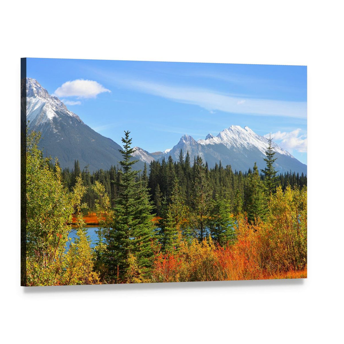 Alberta Mountain Lake Landscape Canvas Wall Art, single panel gallery wrapped canvas, angled product view