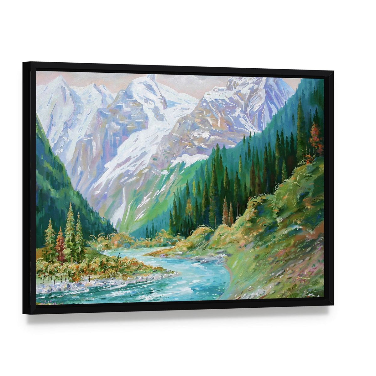 Teberda River in Caucasus Gorge Canvas Wall Art, framed canvas in a black floater frame, angled product view