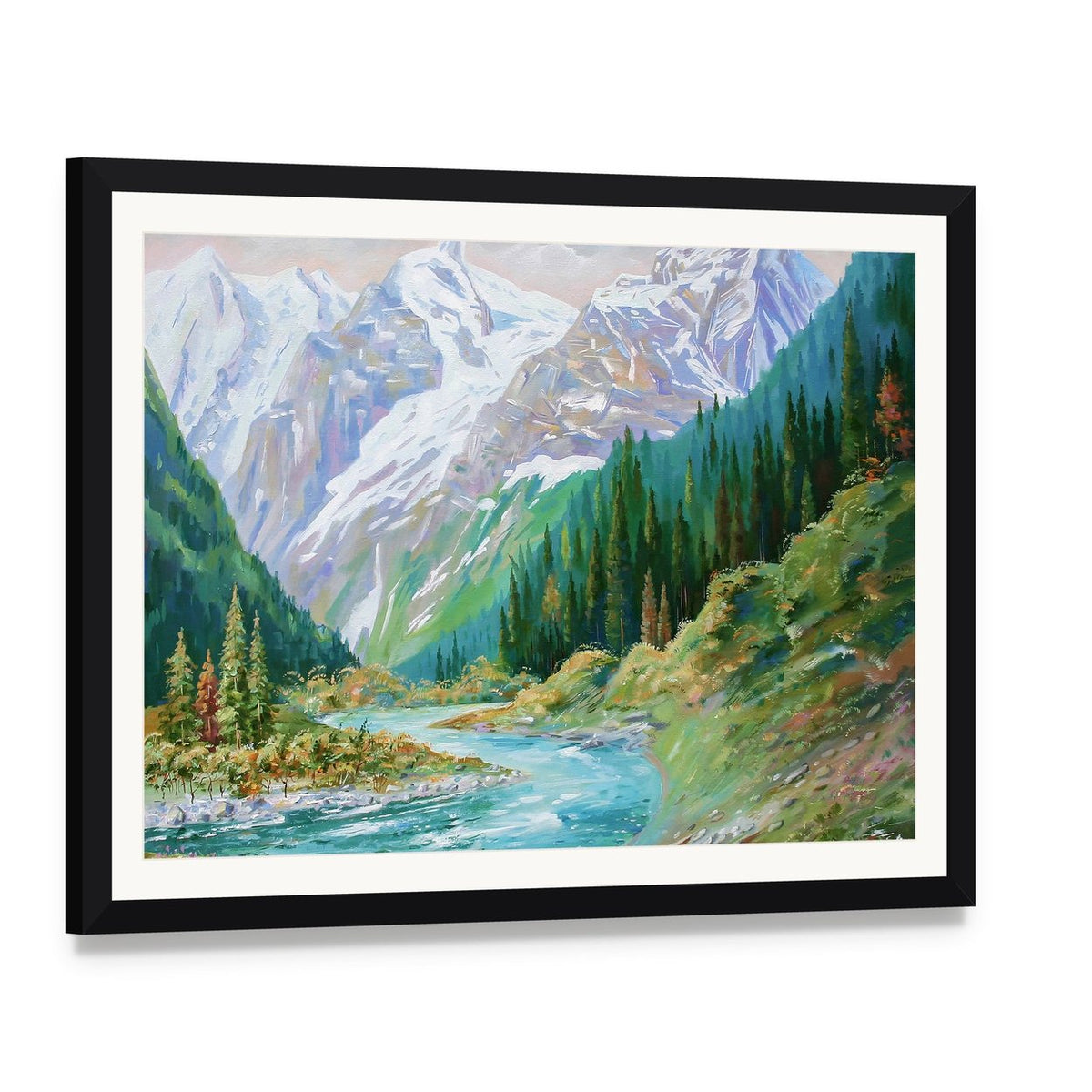 Teberda River in Caucasus Gorge Canvas Wall Art, framed print with white mat and black frame, angled product view