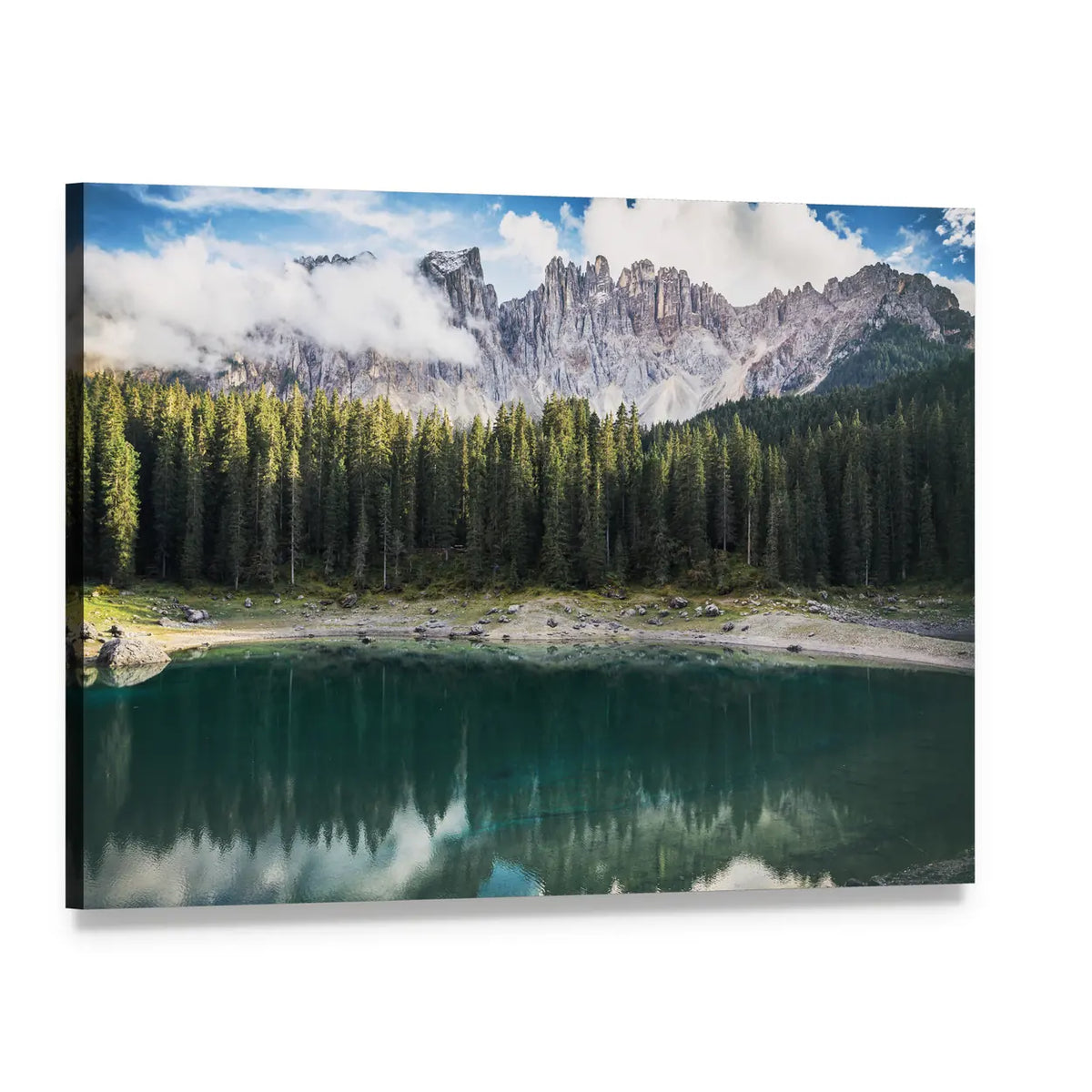 Lago Di Carezza Dolomites View Canvas Wall Art, single panel gallery wrapped canvas, angled product view
