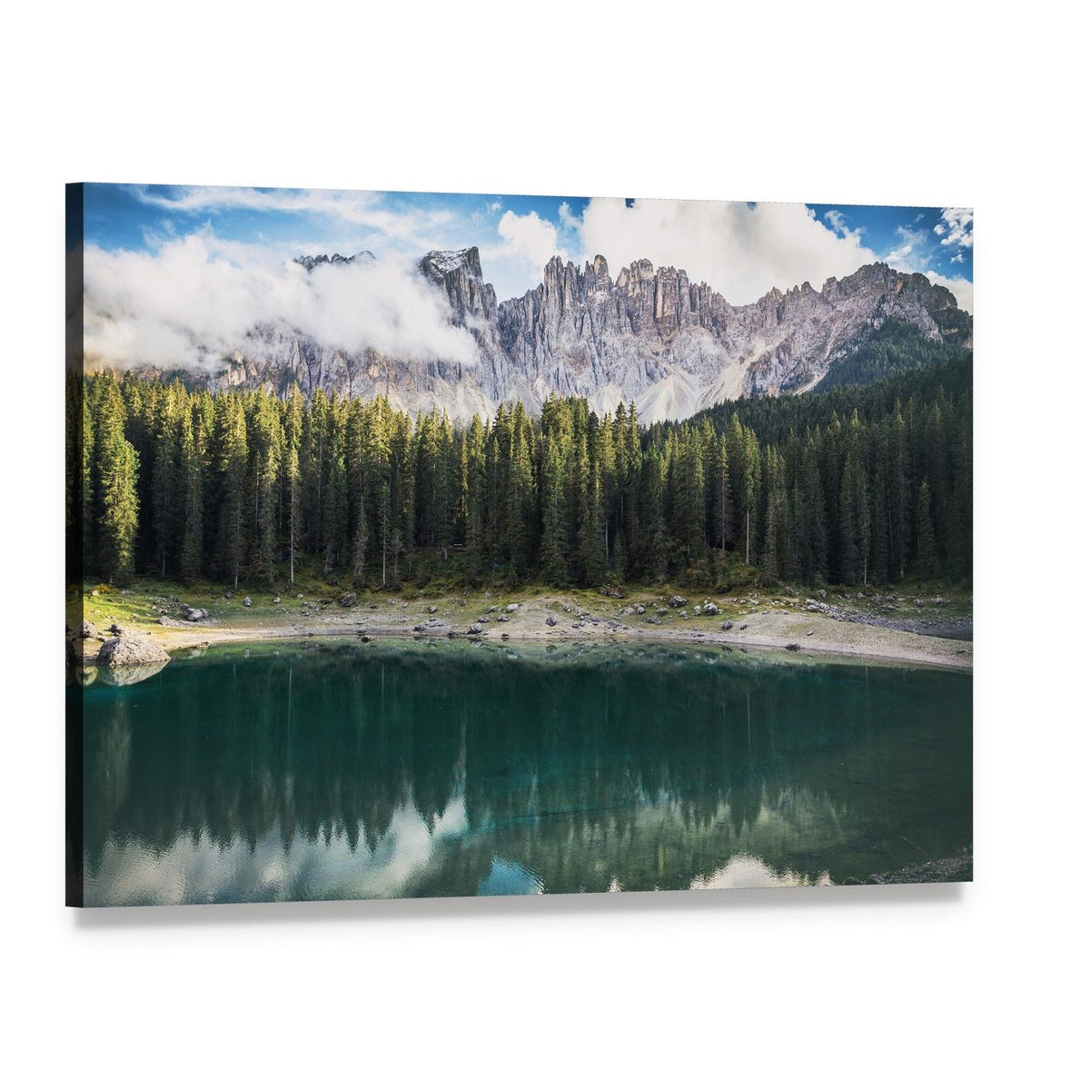 Mountain Lake with Pine Trees and Rocky Peaks Canvas Wall Art, single panel gallery wrapped canvas, angled product view